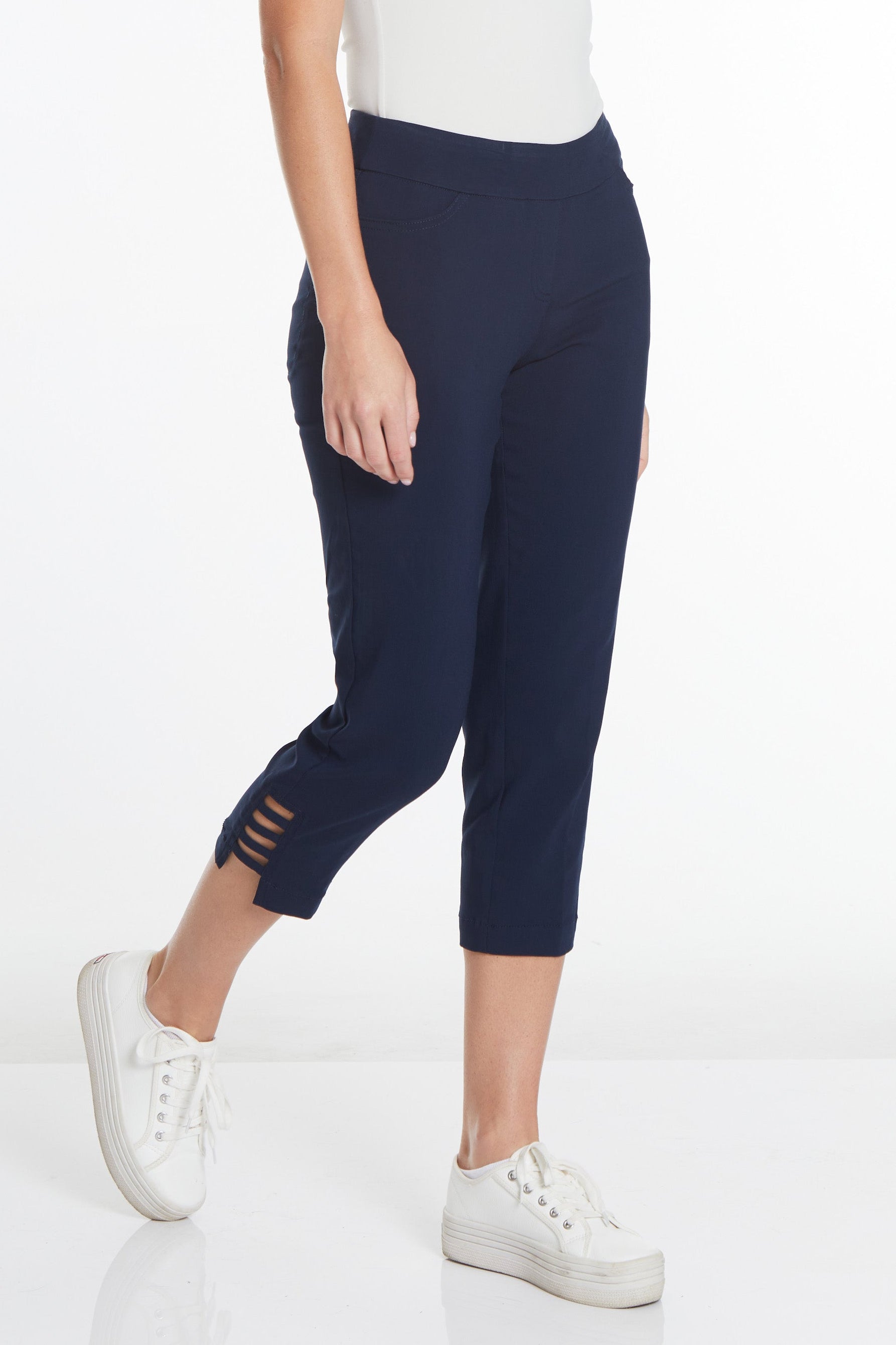 Plus Size Midnight Blue Cropped Pants with Pockets & Strap Hem Vents