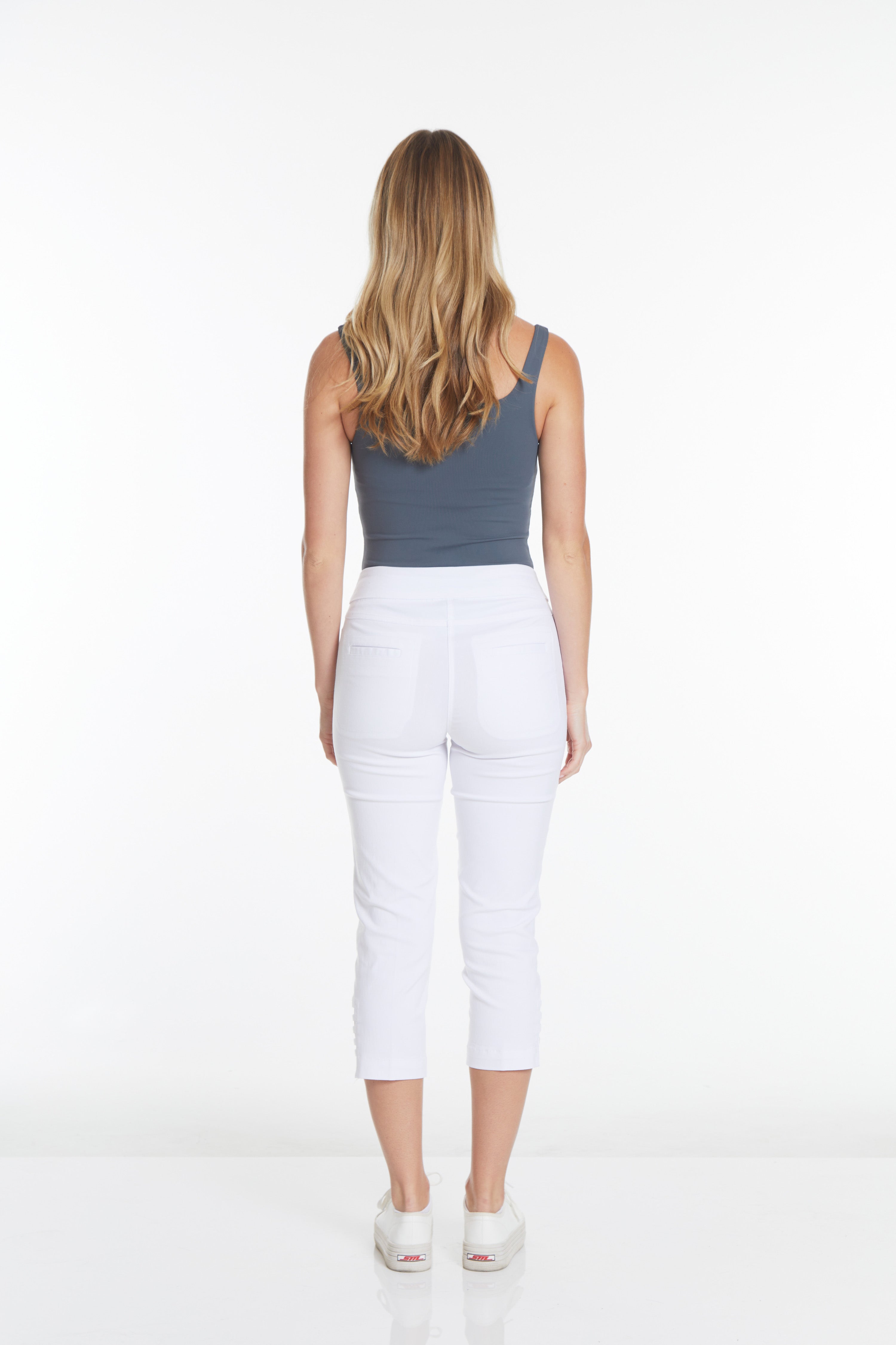 Petite White Crop Pants with Pockets and Strap Hem Vents