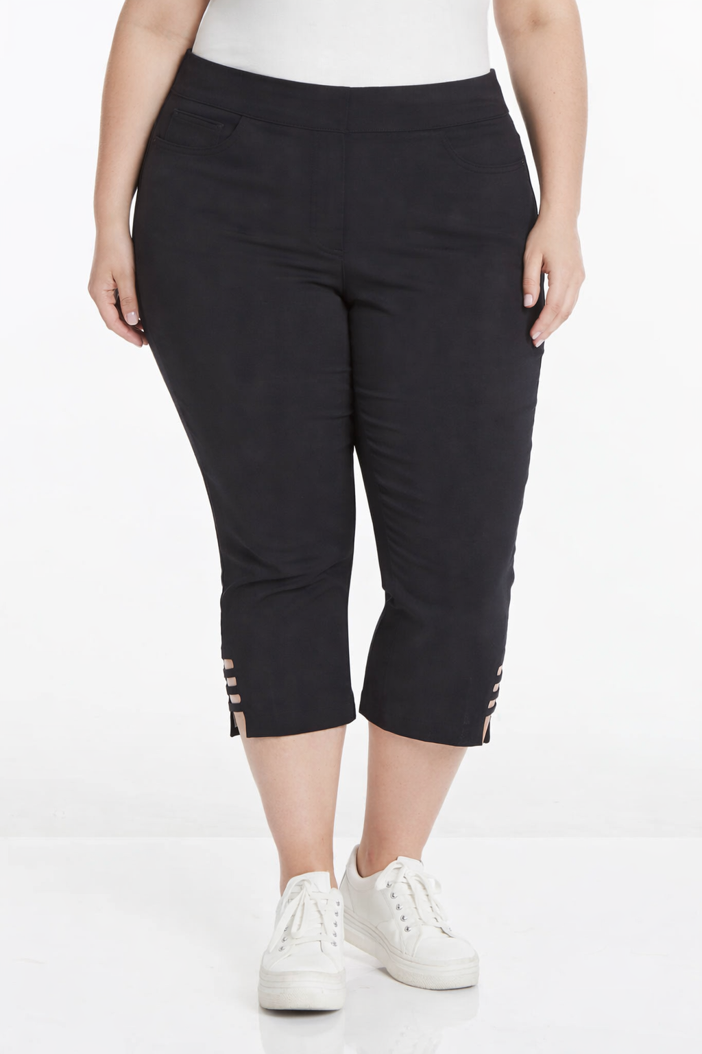 Plus Size Black Crop Pants with Pockets & Strap Hem Vents