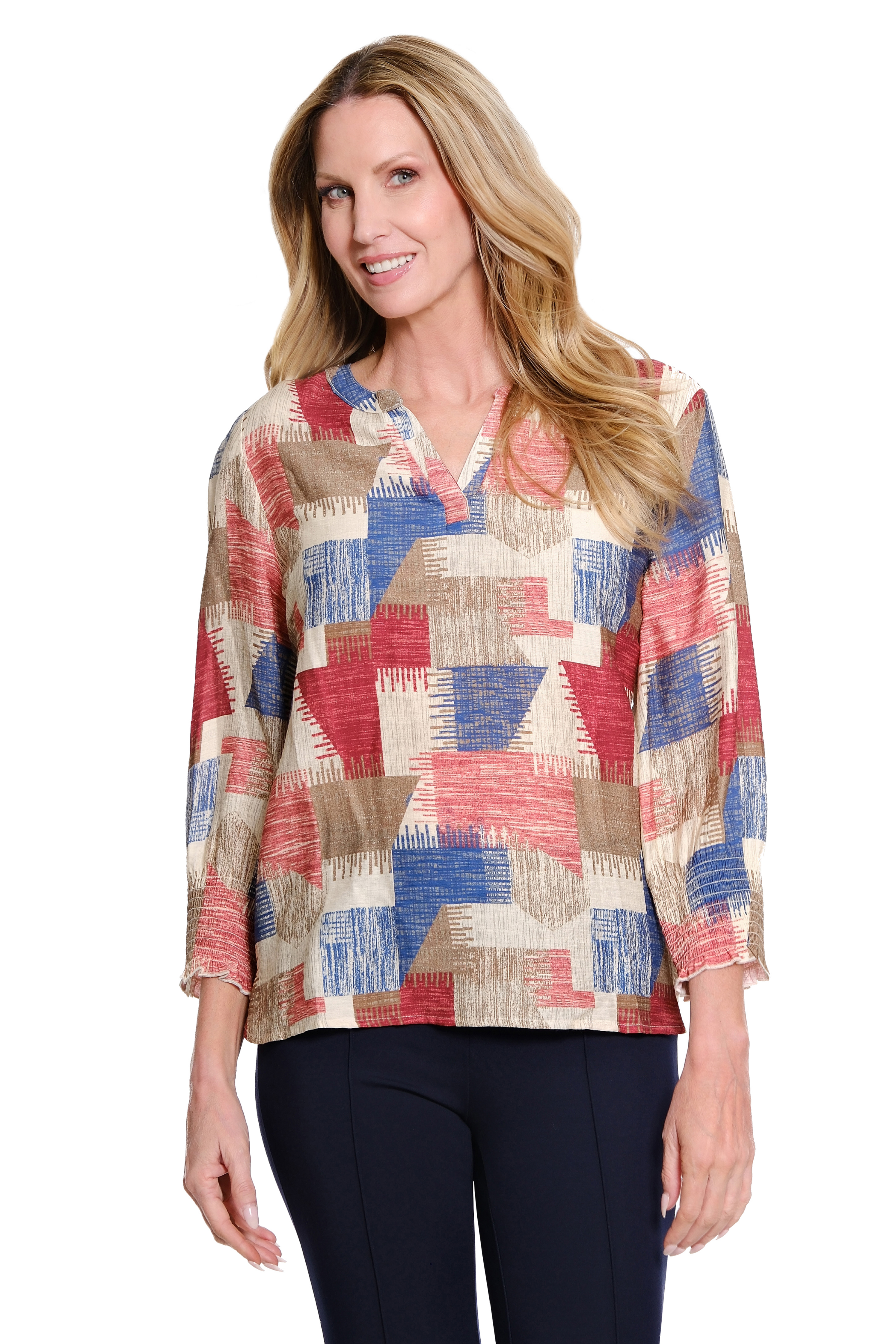 Multi-Needle Shirred Cuff 3/4 Sleeve Y-Neck Band Collar Hi-Lo Print Woven Top - Multi