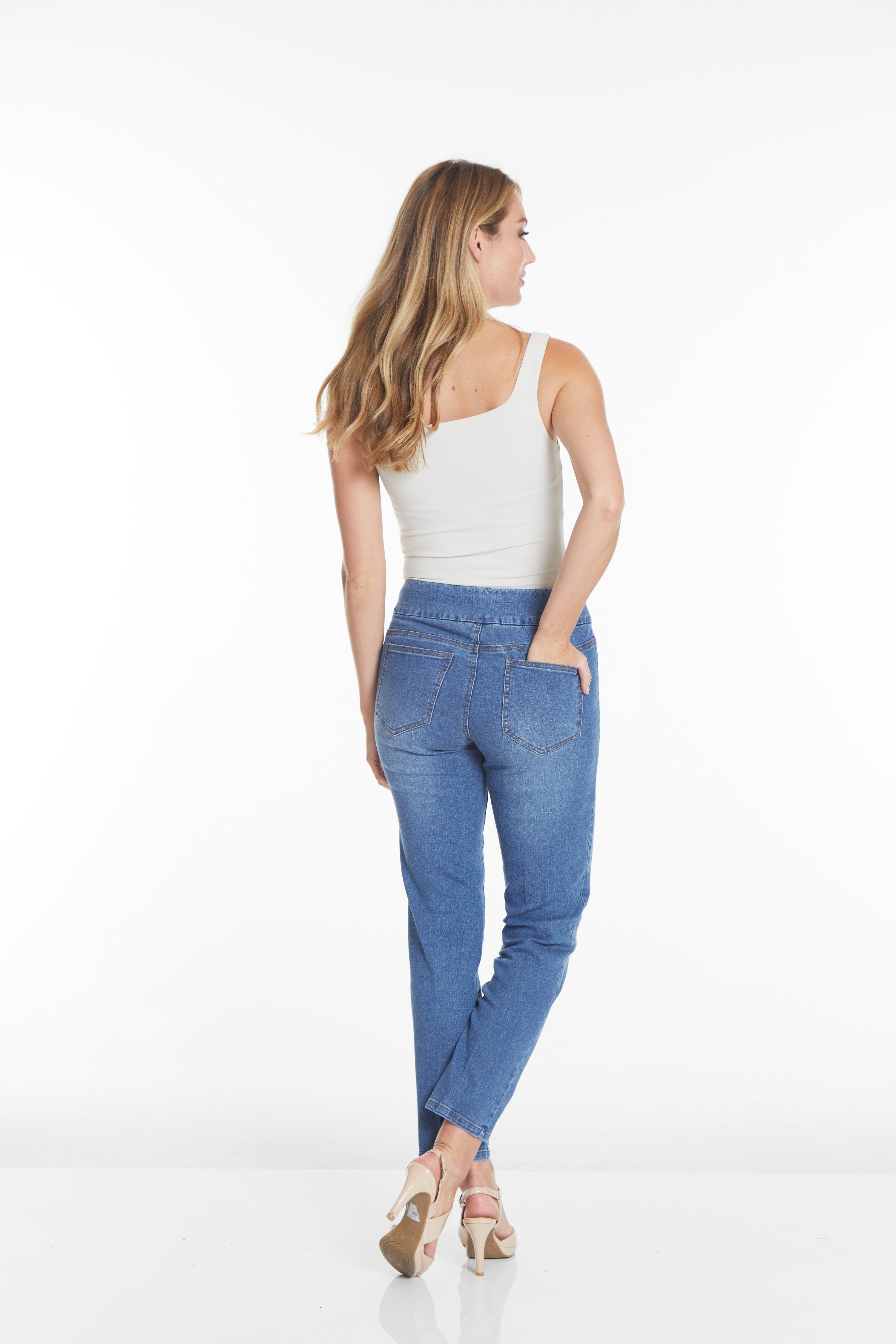 Plus Size Pull On Jeans with Pockets - Medium Indigo