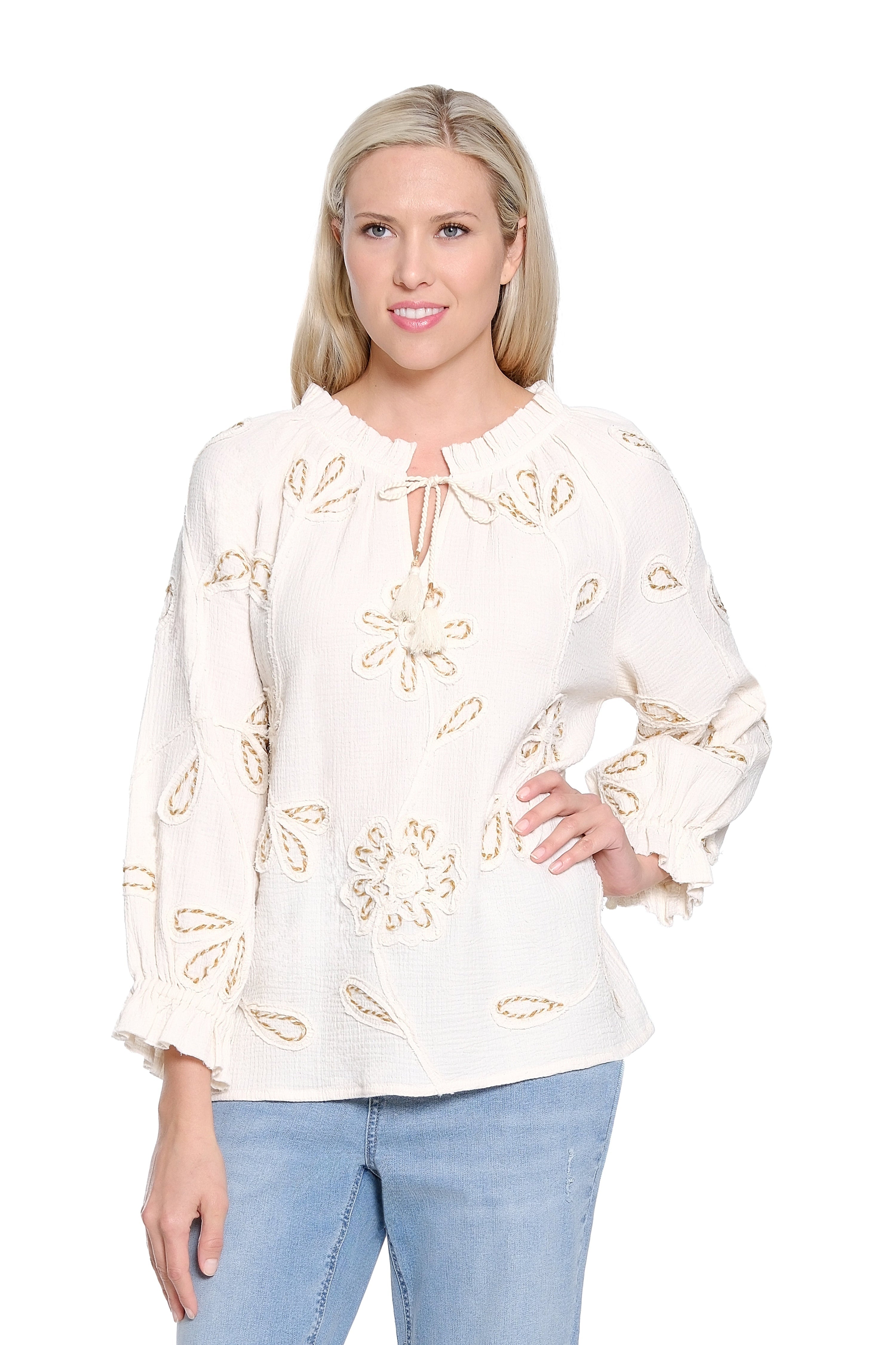 Tie Neck Popover with Cord Embroidery - Antique White
