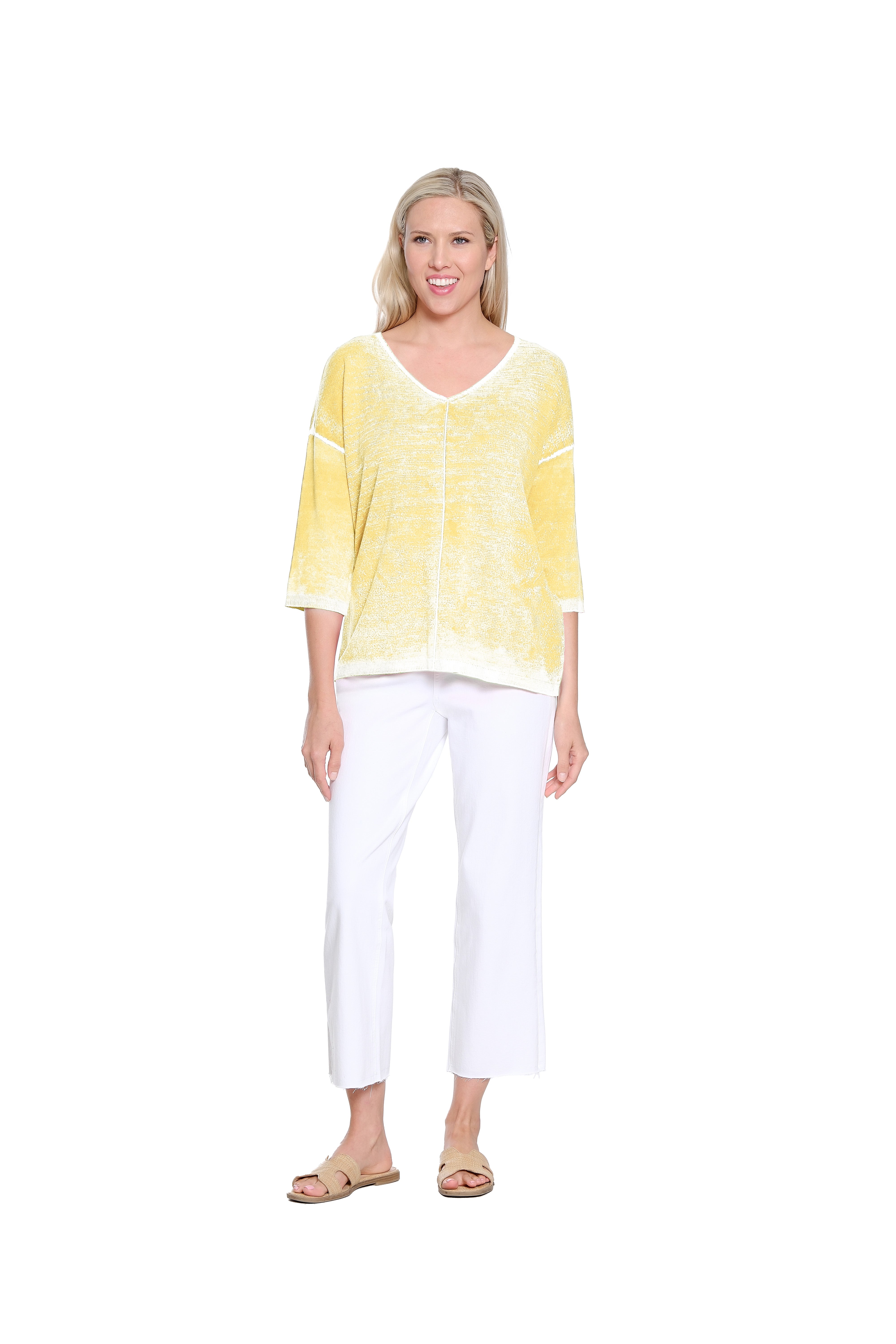 Reverse Printed V-Neck Sweater with Front Pocket - Vivid Yellow