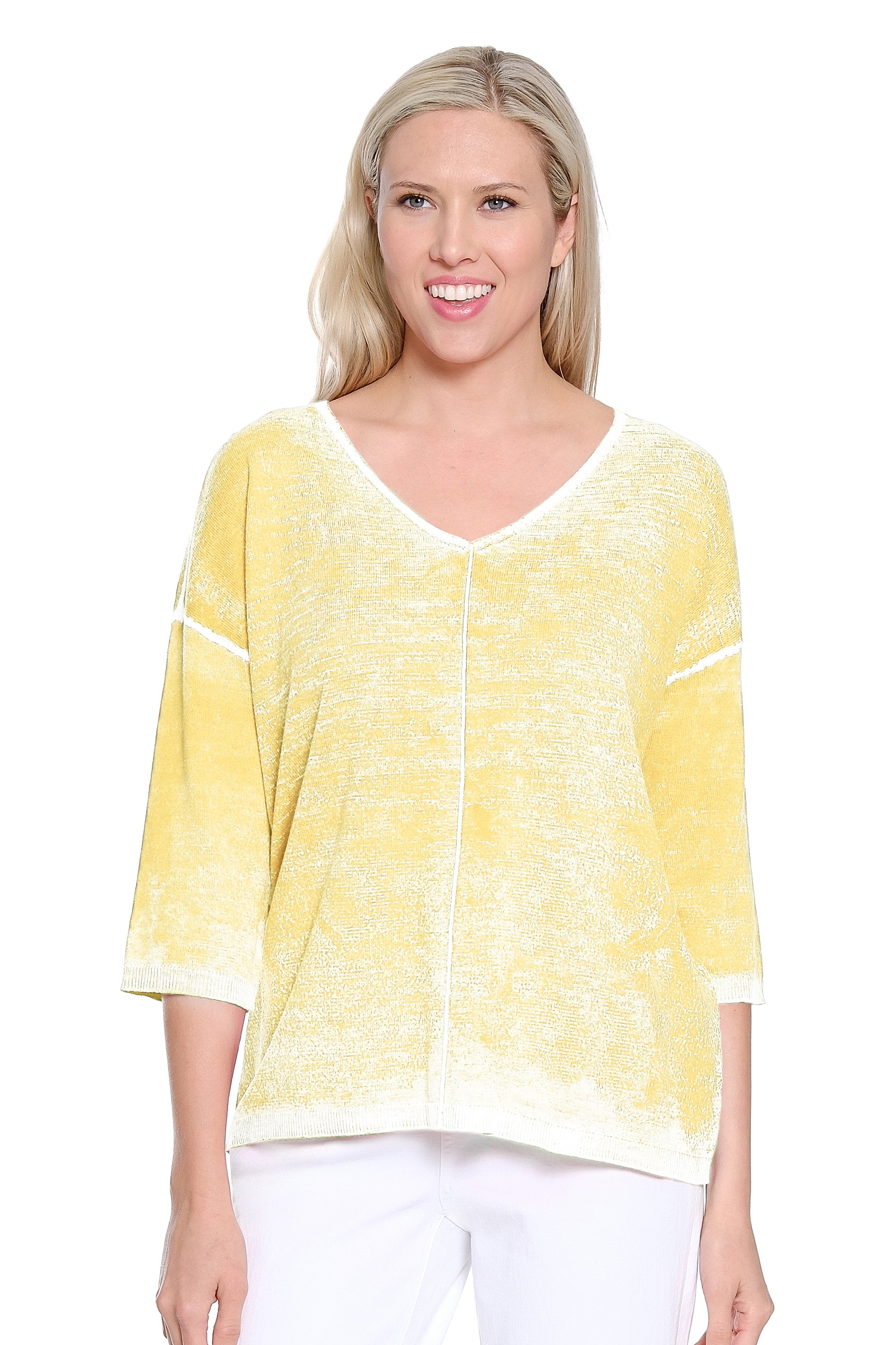 Reverse Printed V-Neck Sweater with Front Pocket - Vivid Yellow