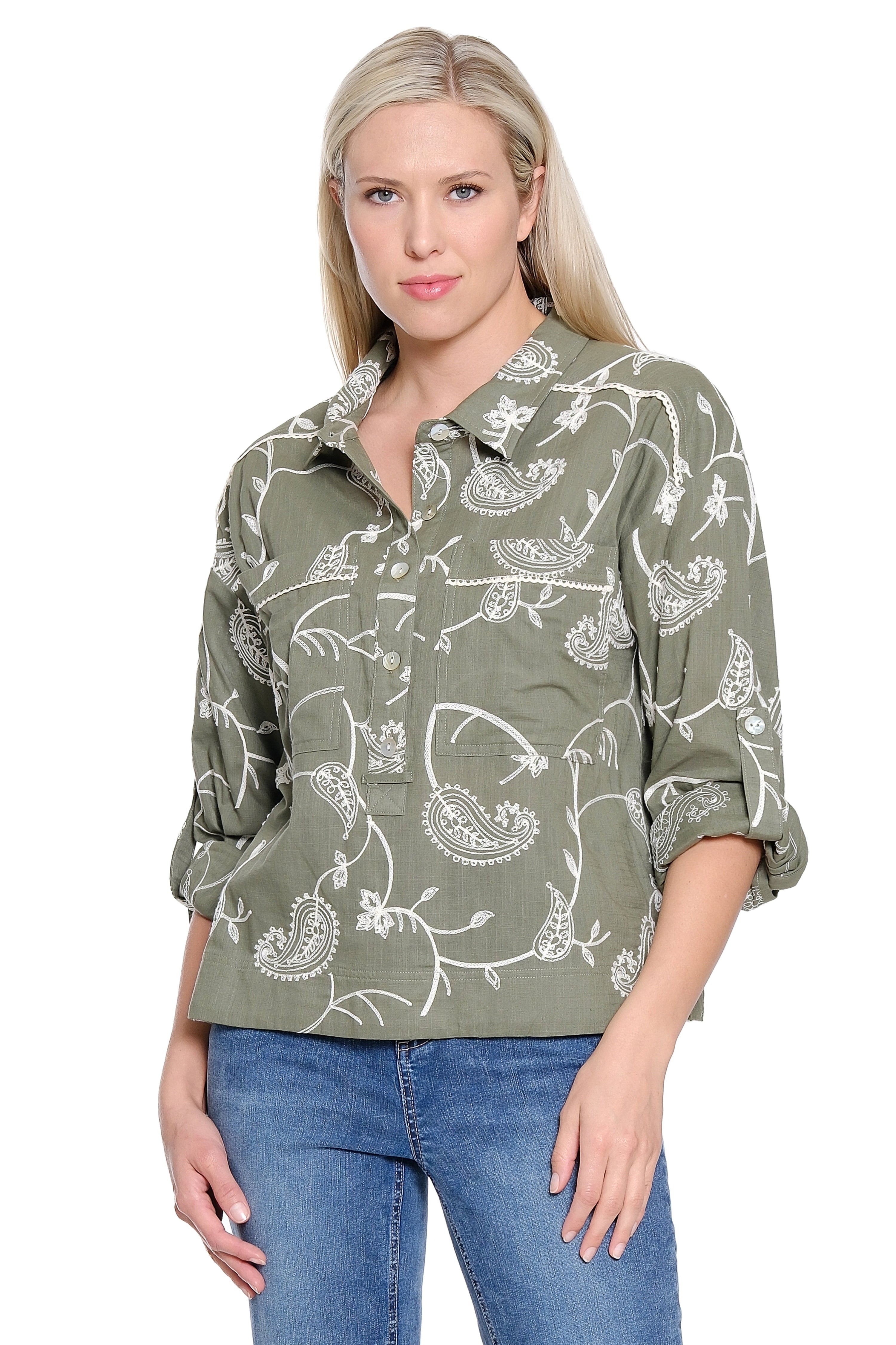 Allover Paisley Embroidered Top - Sage