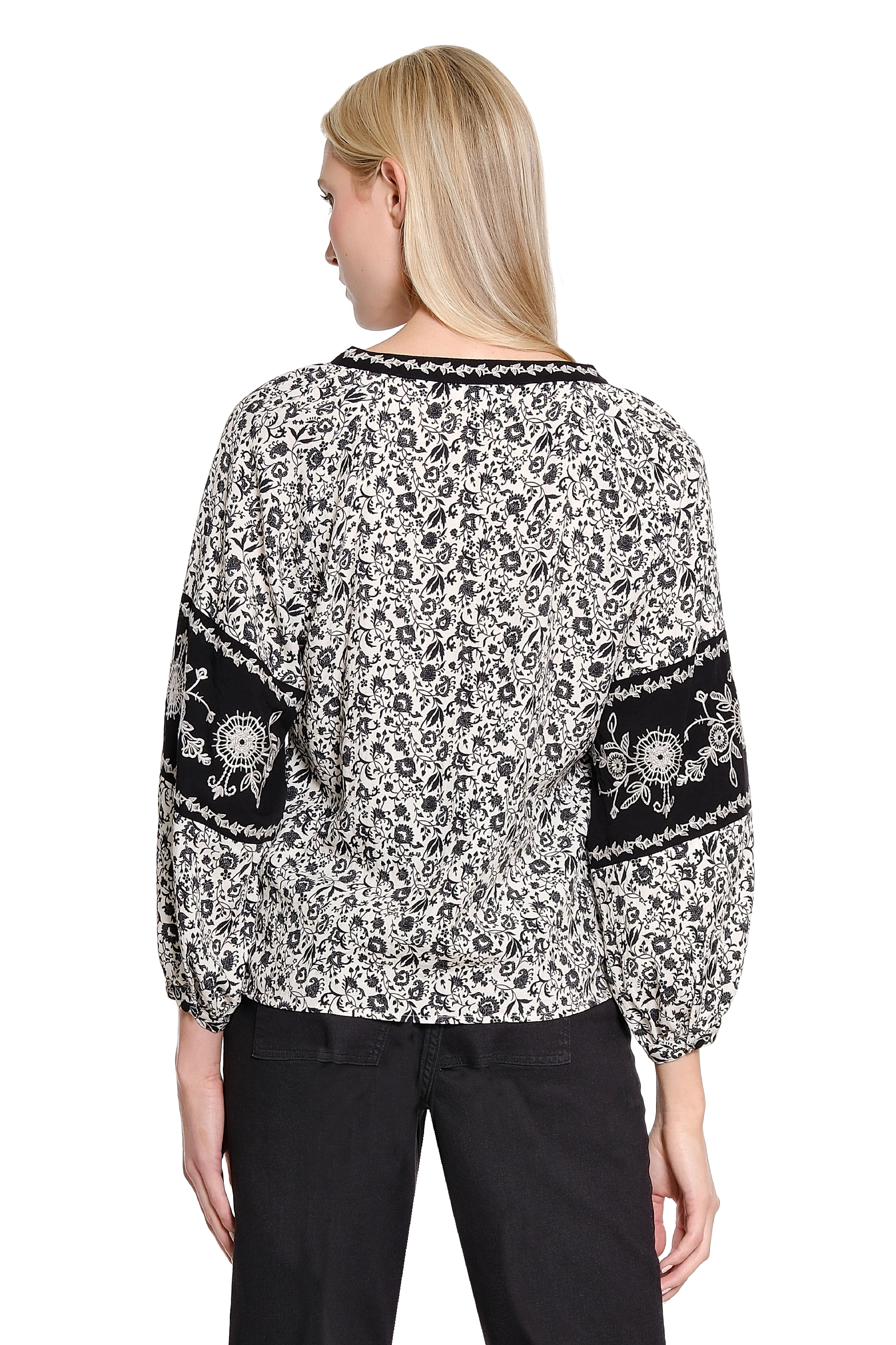 Button Front Print Top with Placement Embroidery - Multi