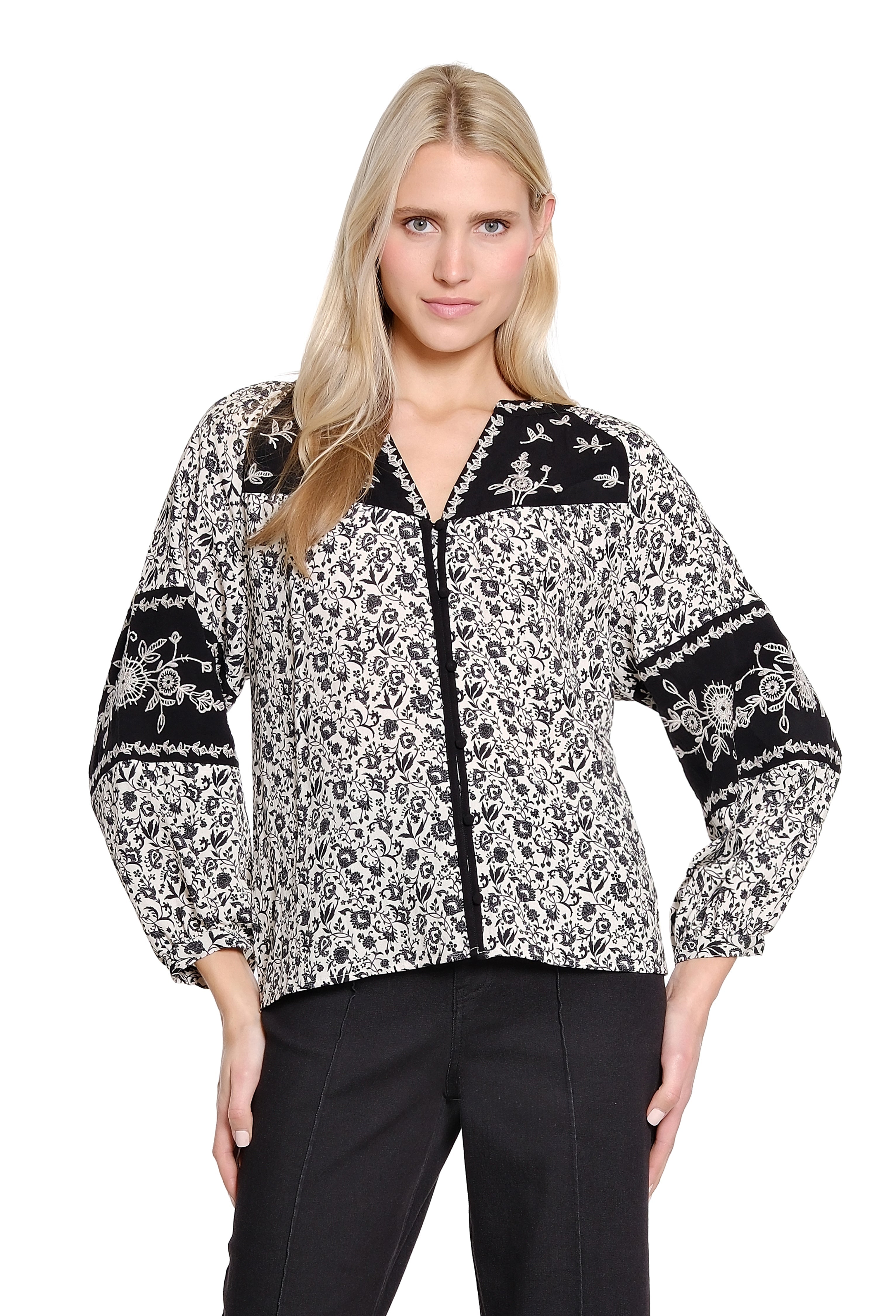 Button Front Print Top with Placement Embroidery - Multi