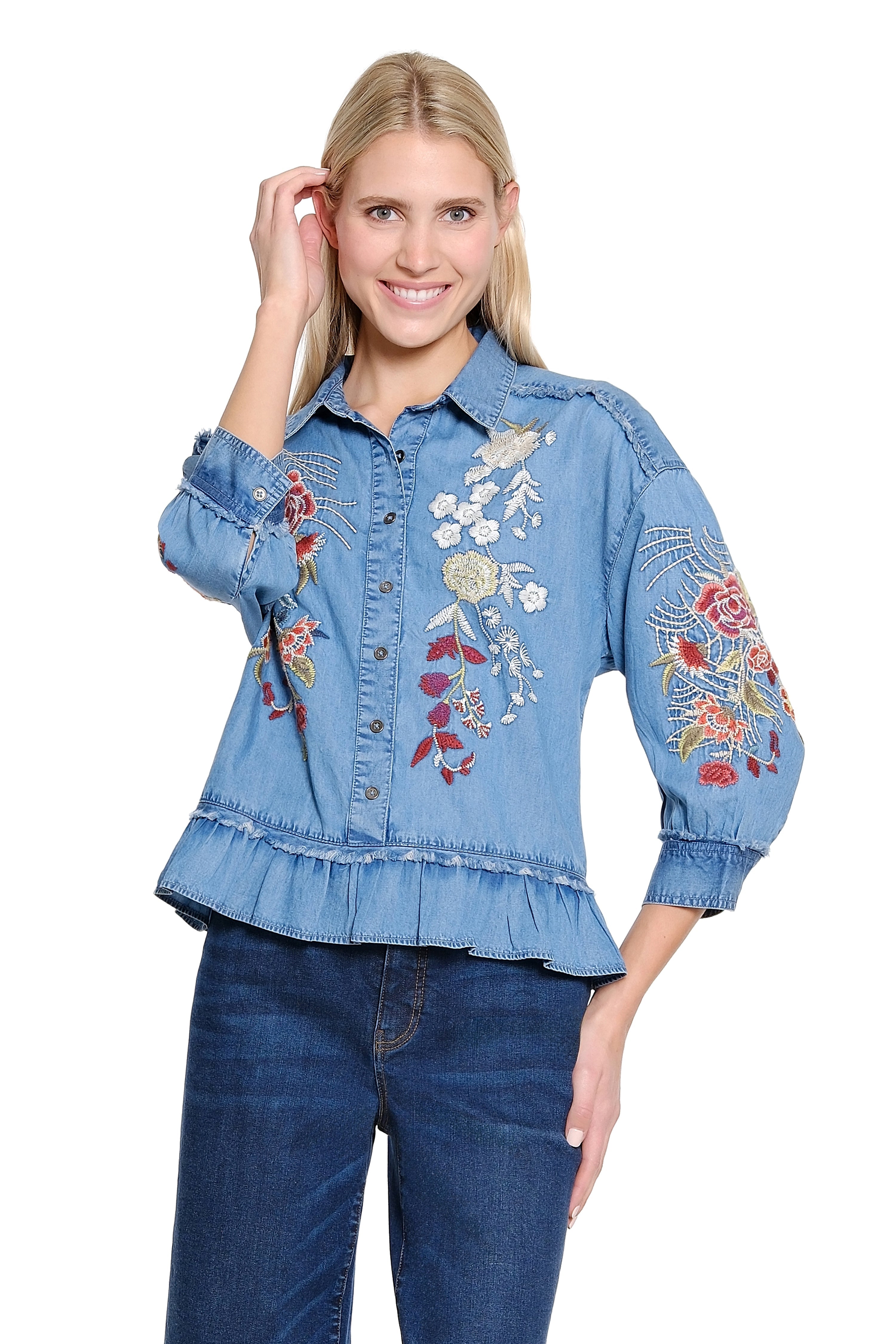 Embroidered Chambray Top with Peplum - Light Blue