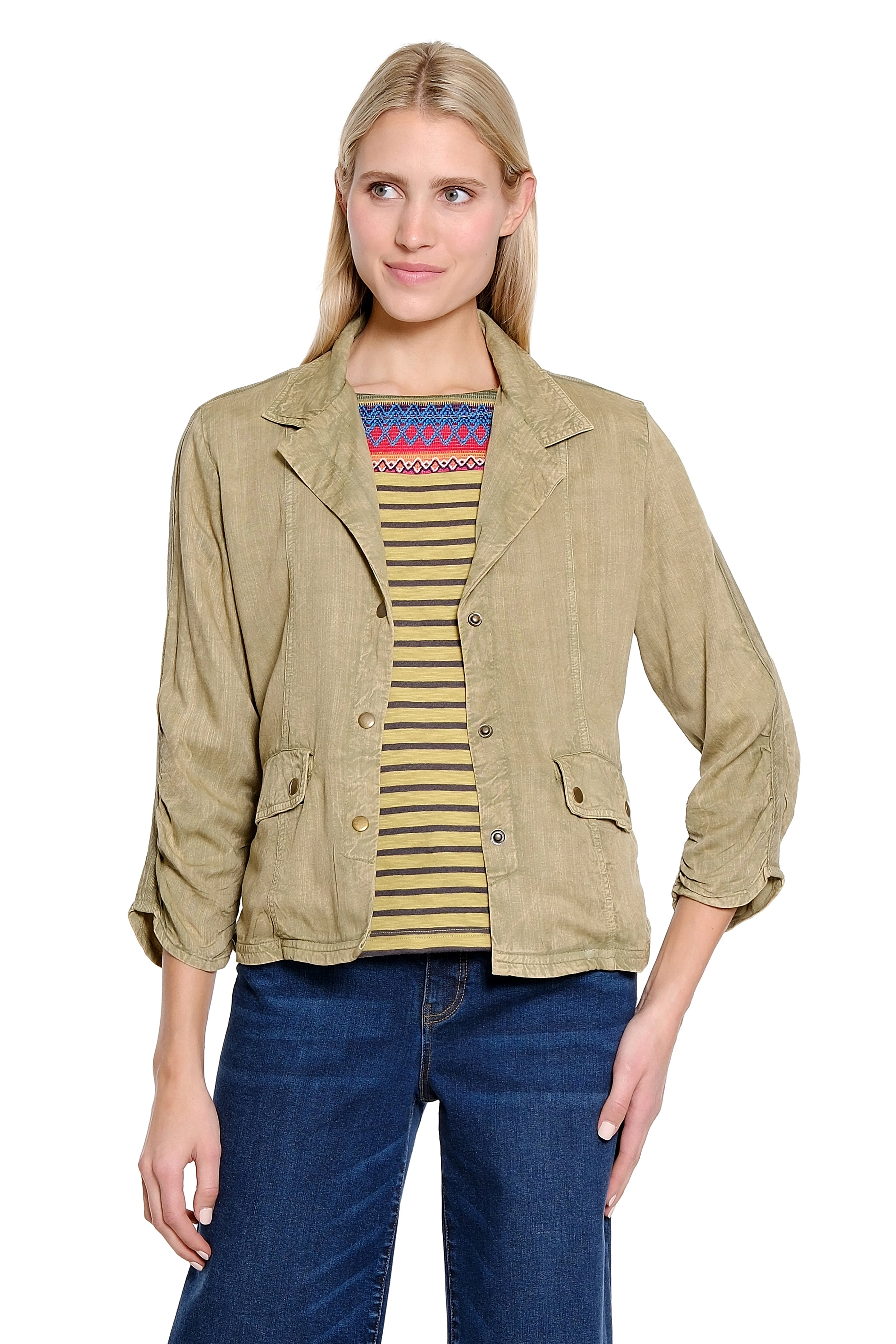 Notched Lapel Jacket with Knit Insets - Camel
