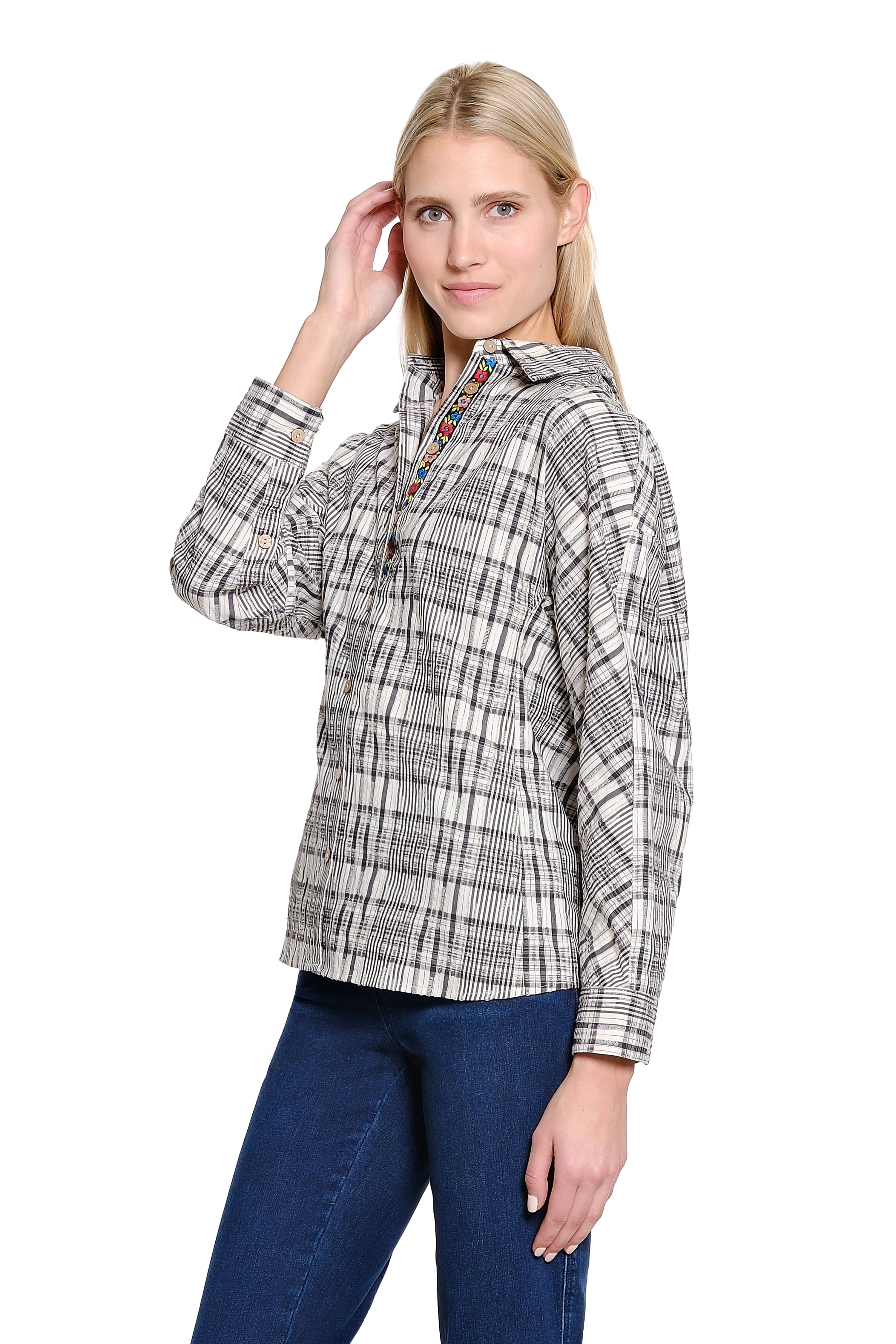 Dolman Sleeve Plaid Button Up - Black/Ivory