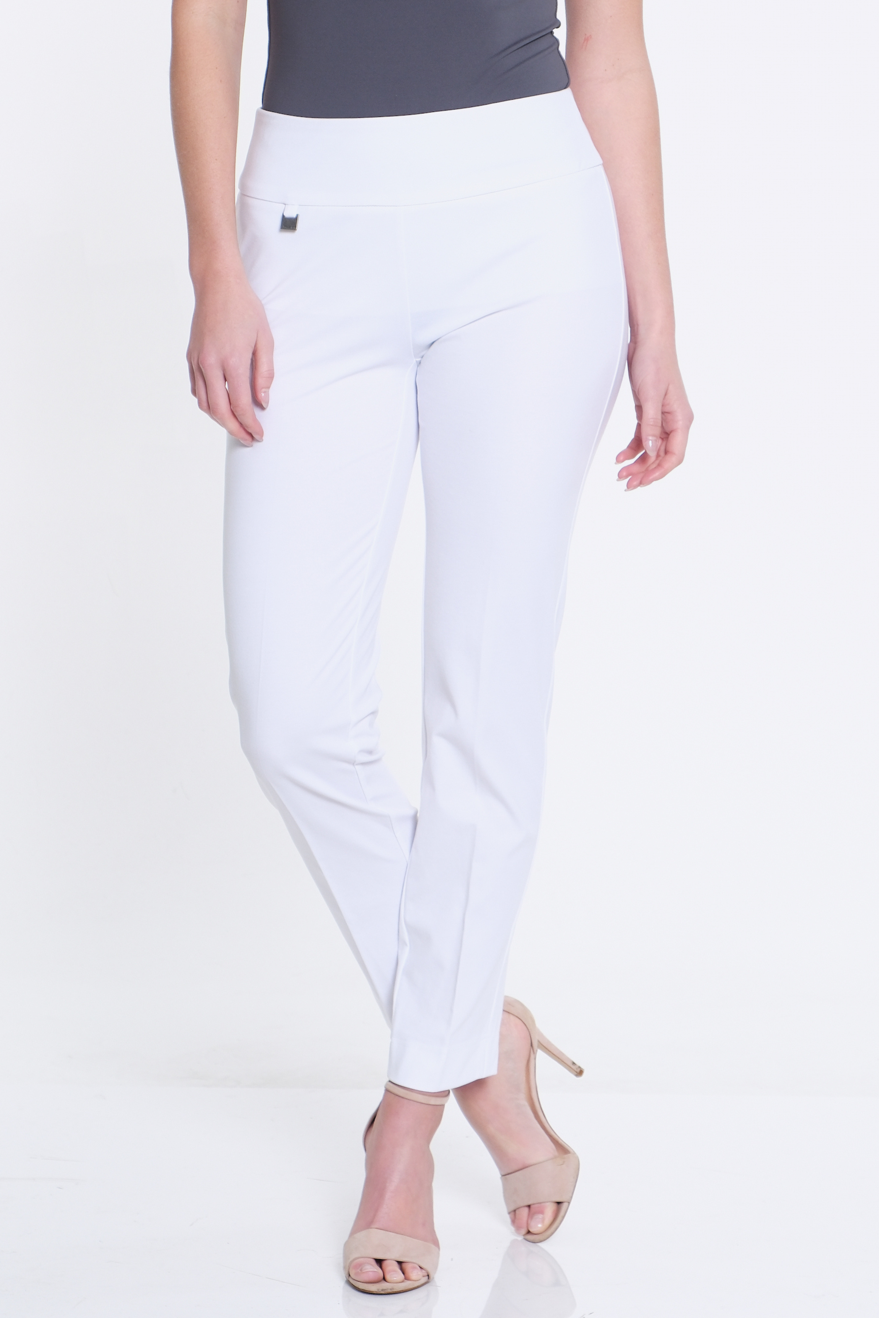 Wide Band Elastic Waist Ankle Pants - White