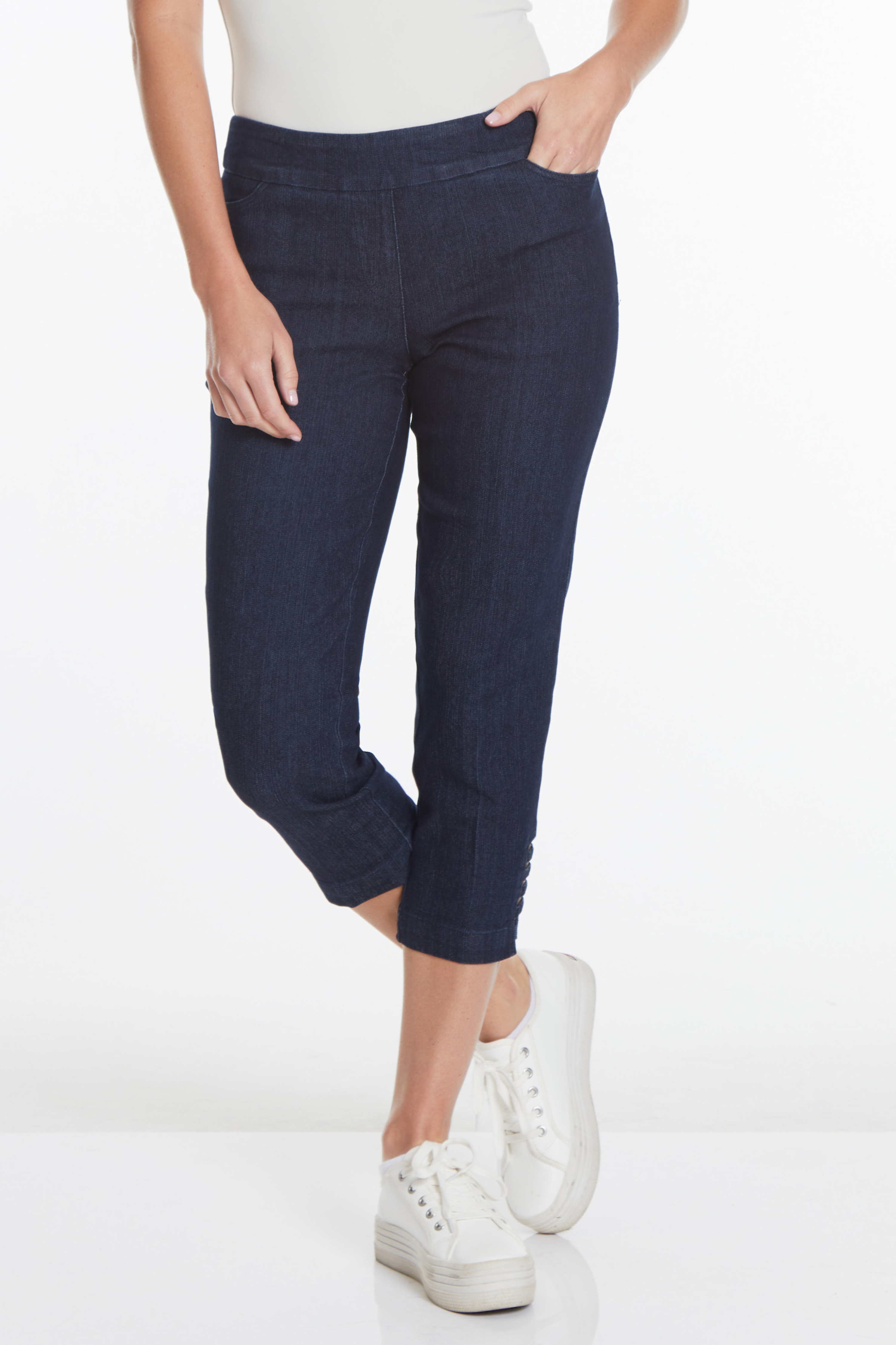 Plus Size Denim Crop Pants with Pockets & Strap Hem Vents