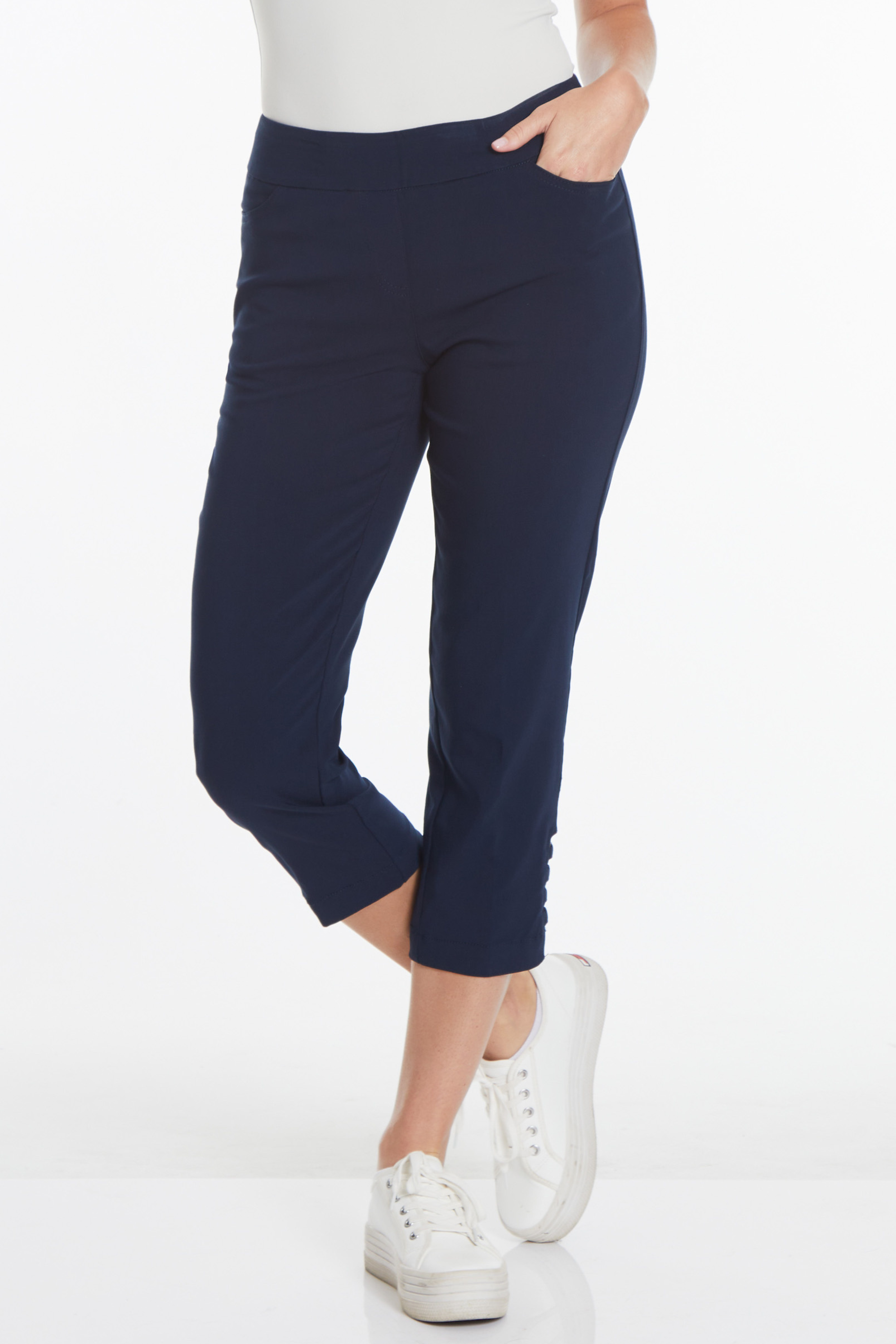 Plus Size Midnight Blue Cropped Pants with Pockets & Strap Hem Vents