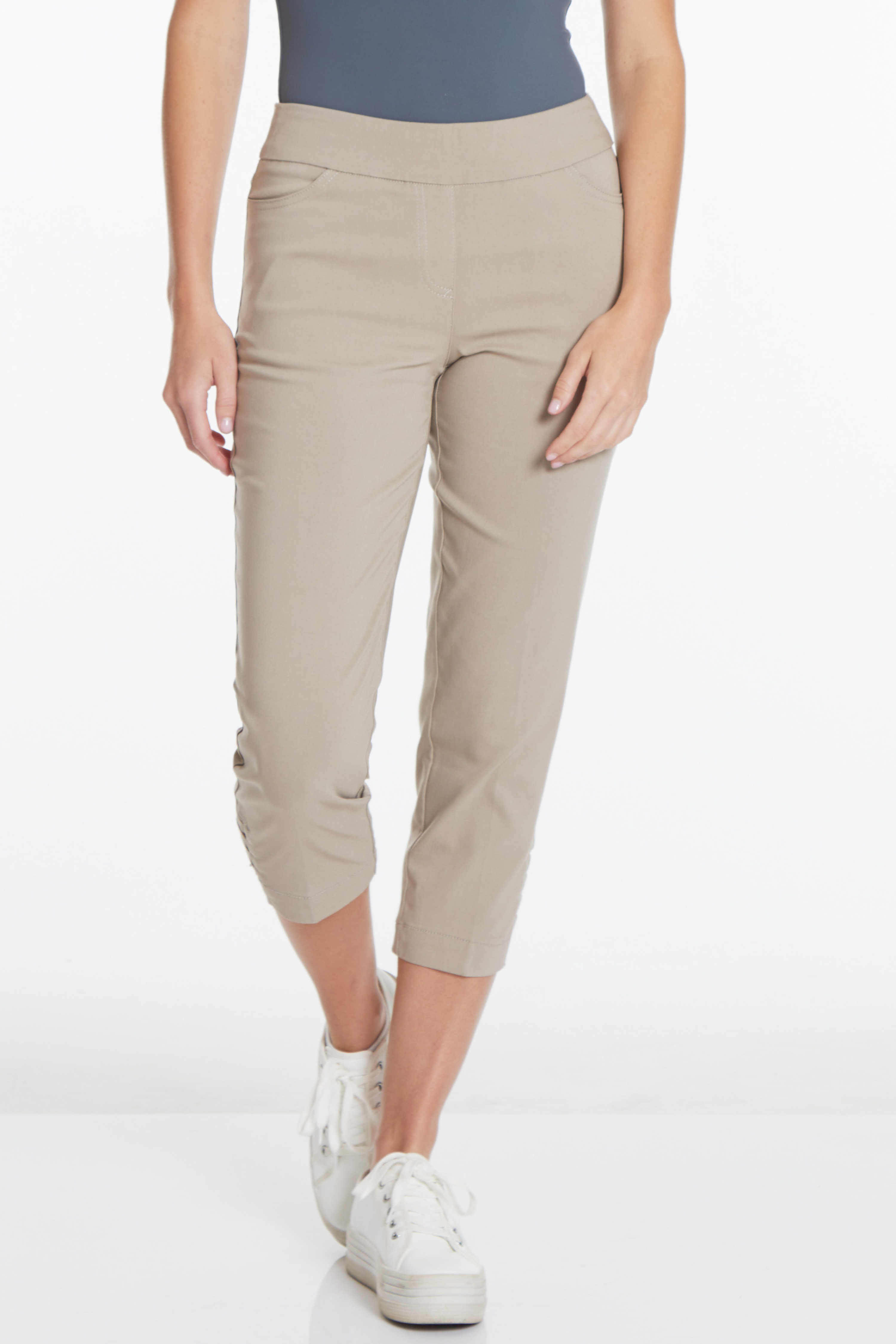 Plus Size Crop Pants with Pockets & Strap Hem Vents - Stone