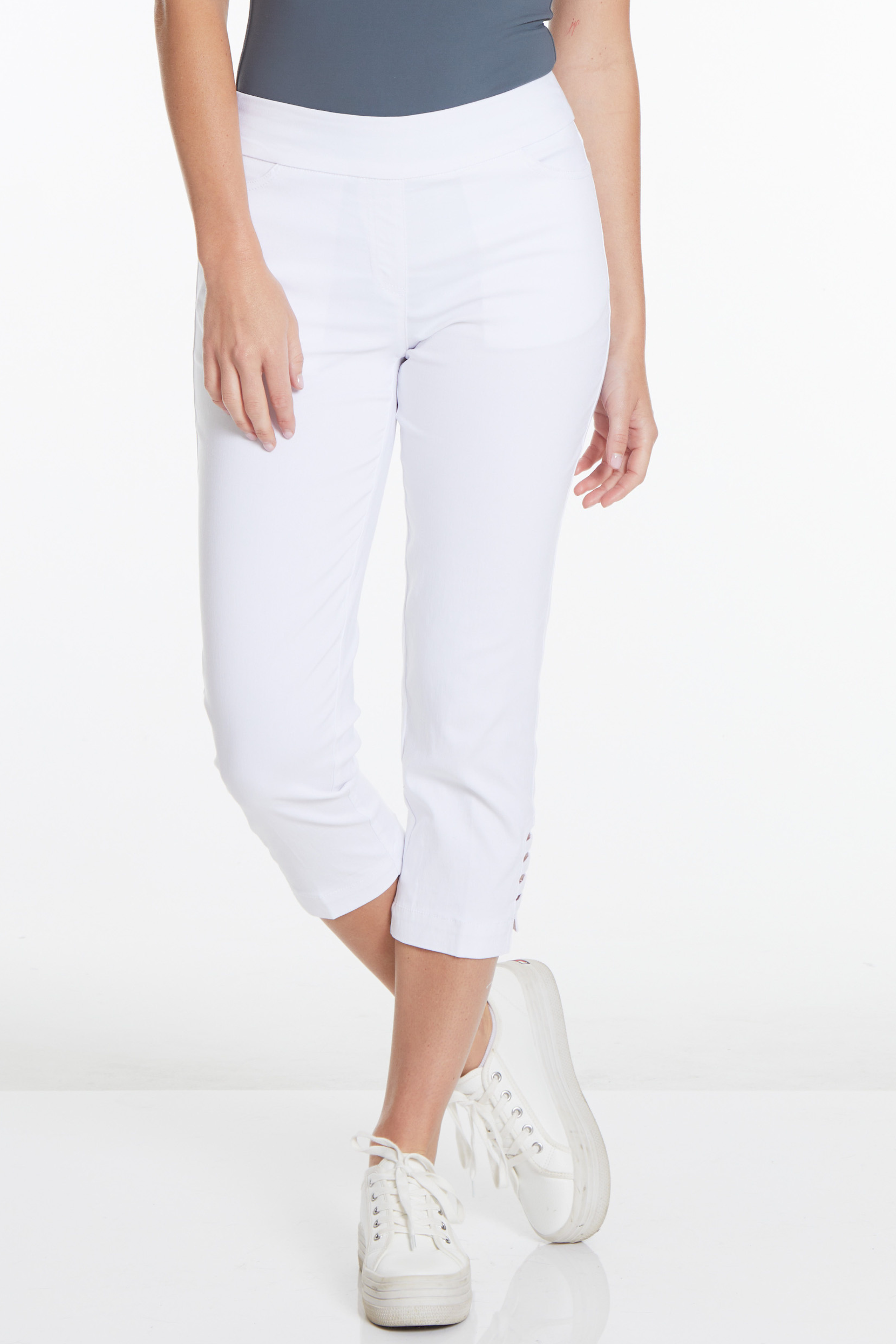 Petite White Crop Pants with Pockets and Strap Hem Vents