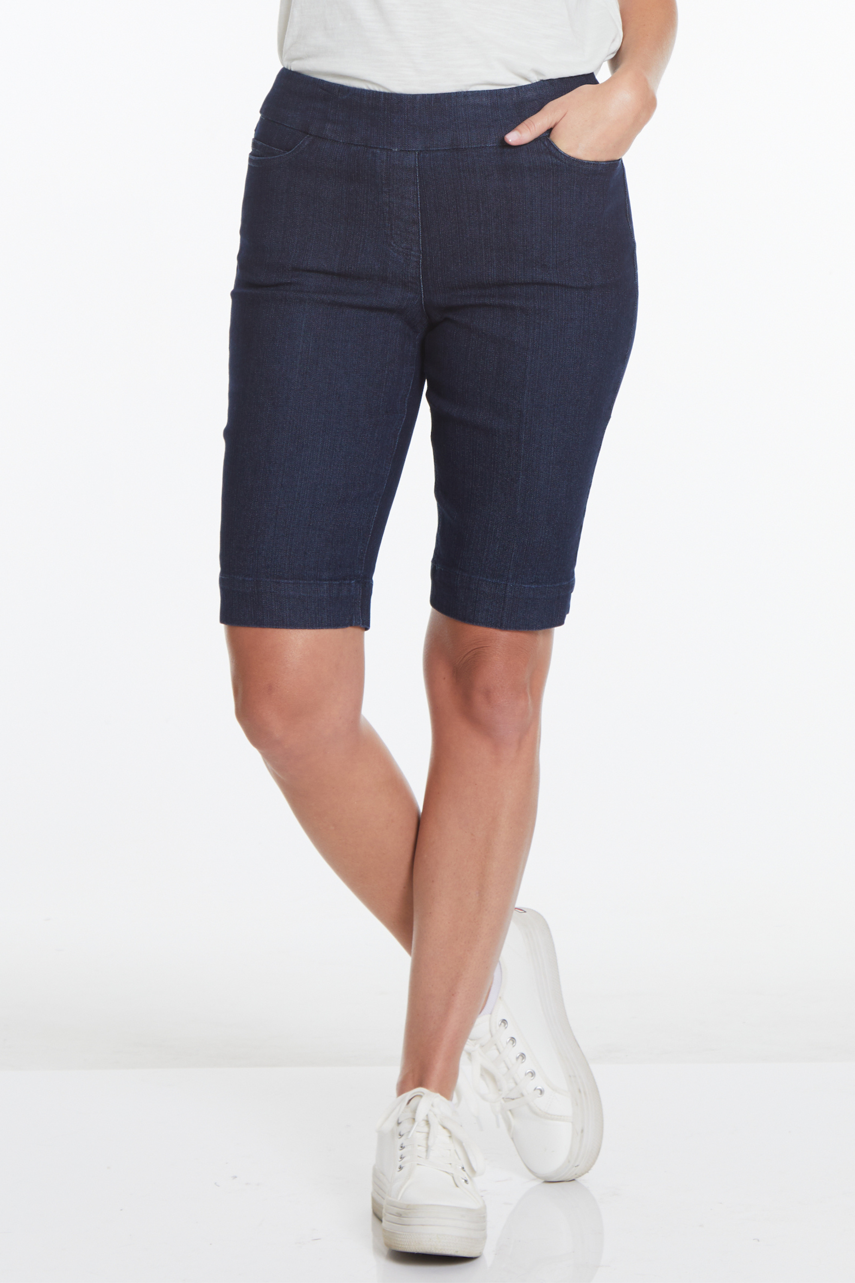Plus Size Pull-On Walking Short with Real Pockets - Denim