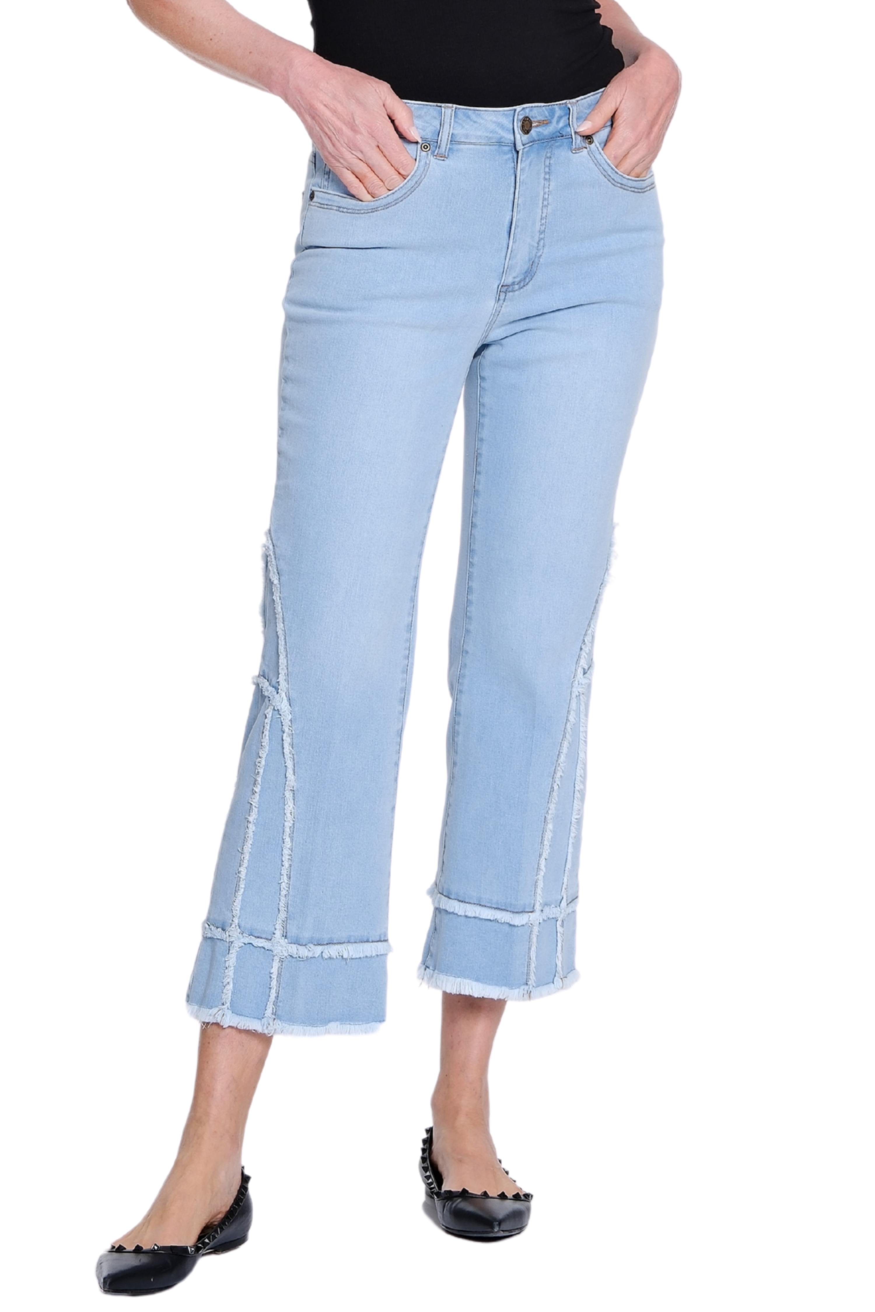 Flare Leg Crop Pant with Fringed Trim - Light Indigo