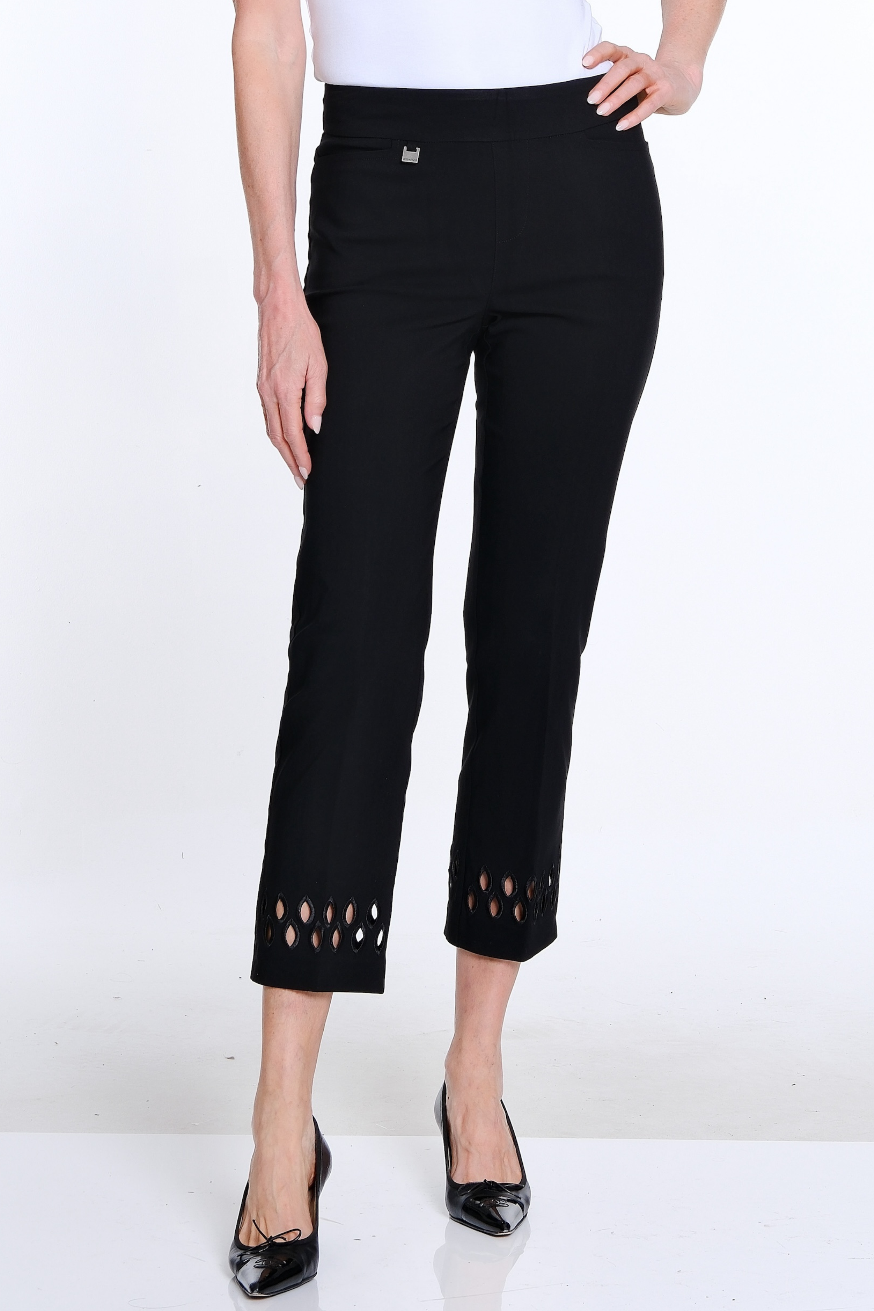 Plus Size Ankle Pant with Geometric Cutout Hem - Black