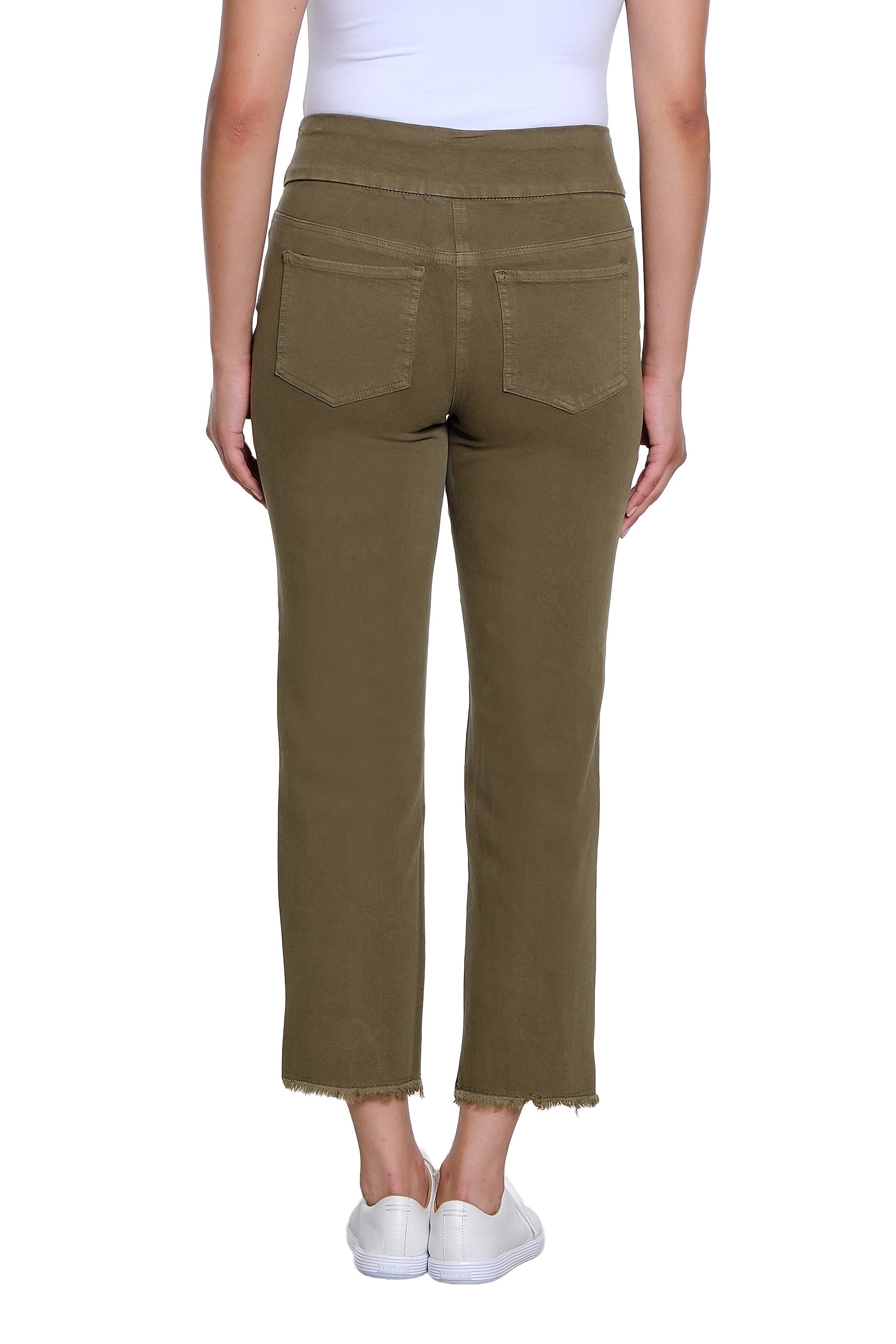 Pull On 5-Pocket Fringe Hem Woven Ankle Pant - Olive - view 2