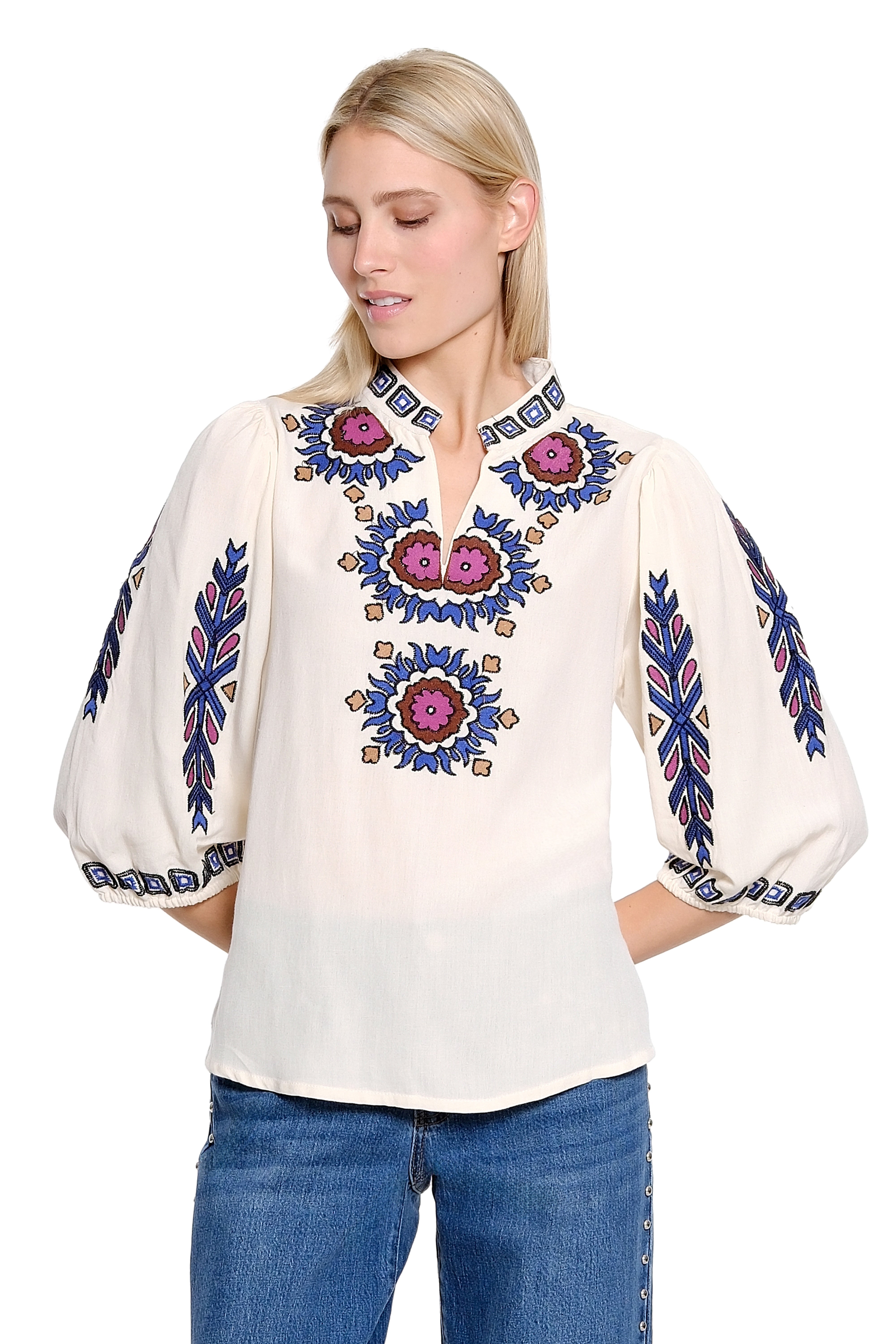 Stand Collar Split Neck Top with Embroidery - Natural