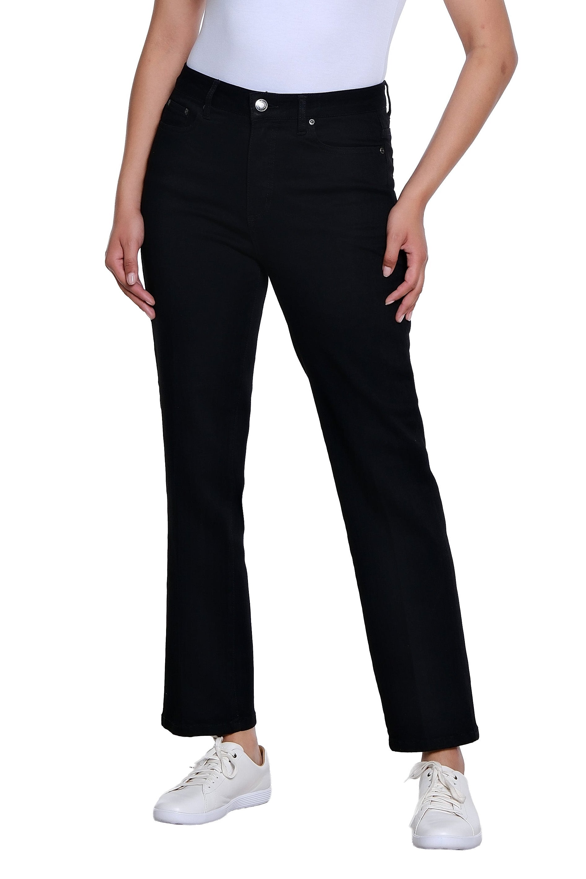 Zip and Button Front 5-Pocket Boot Cut Woven Jean Ankle Pant - Black Denim