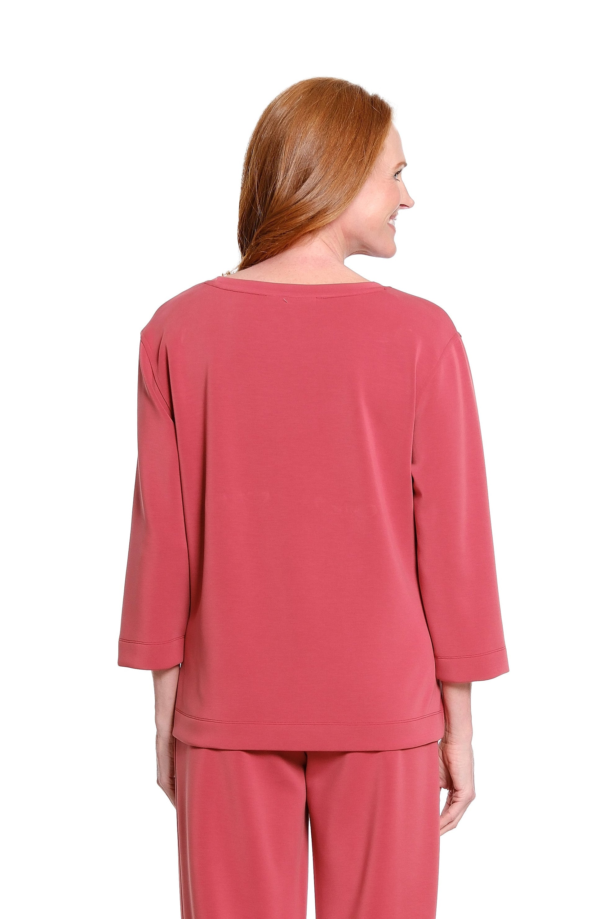3/4 Sleeve Drop Shoulder Wide Neck Hi-Lo Knit Top - Brick - view 2
