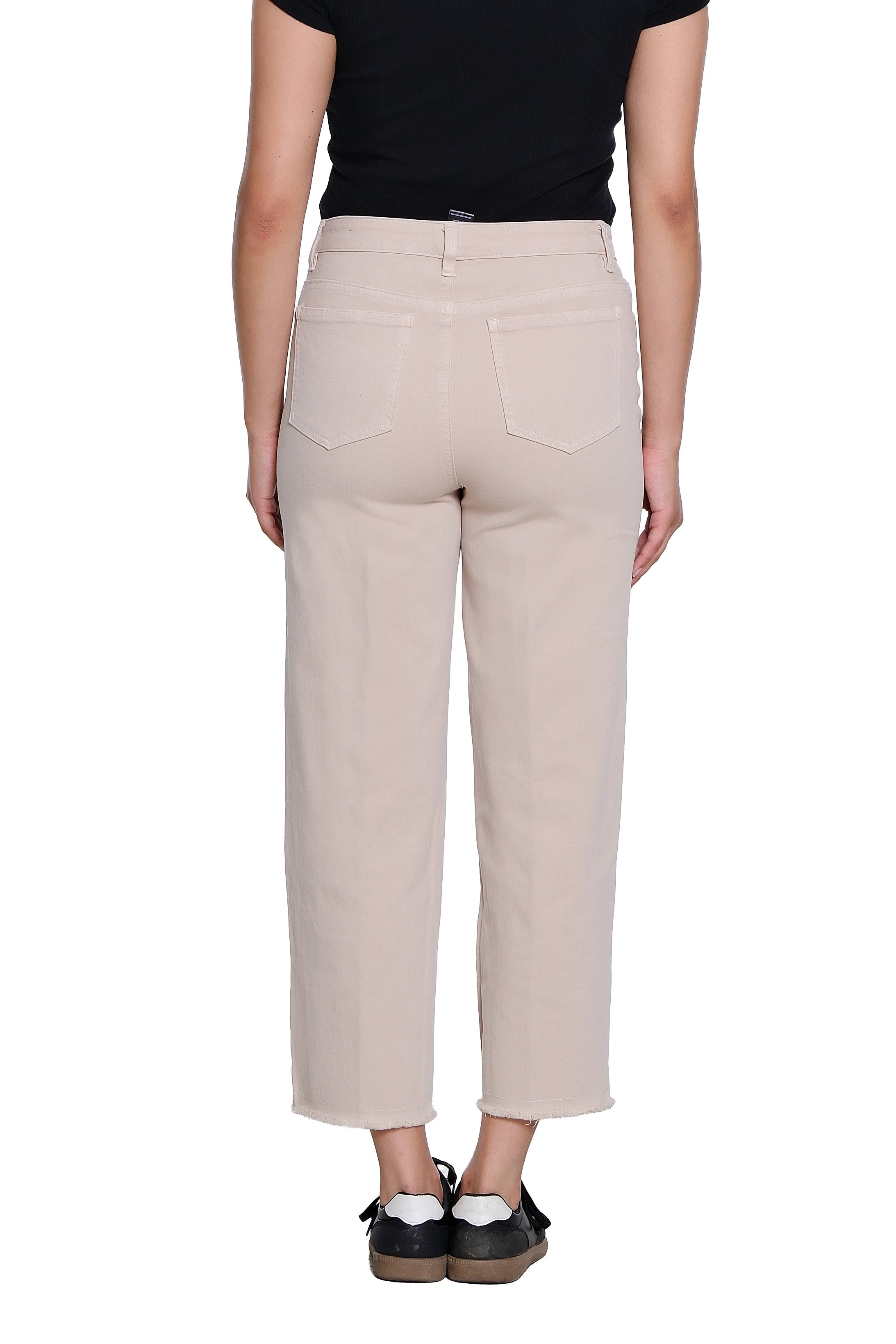 Zip/Button Front 5-Pocket Seamed Woven Crop Jean with Fringe Hem - Natural - view 2