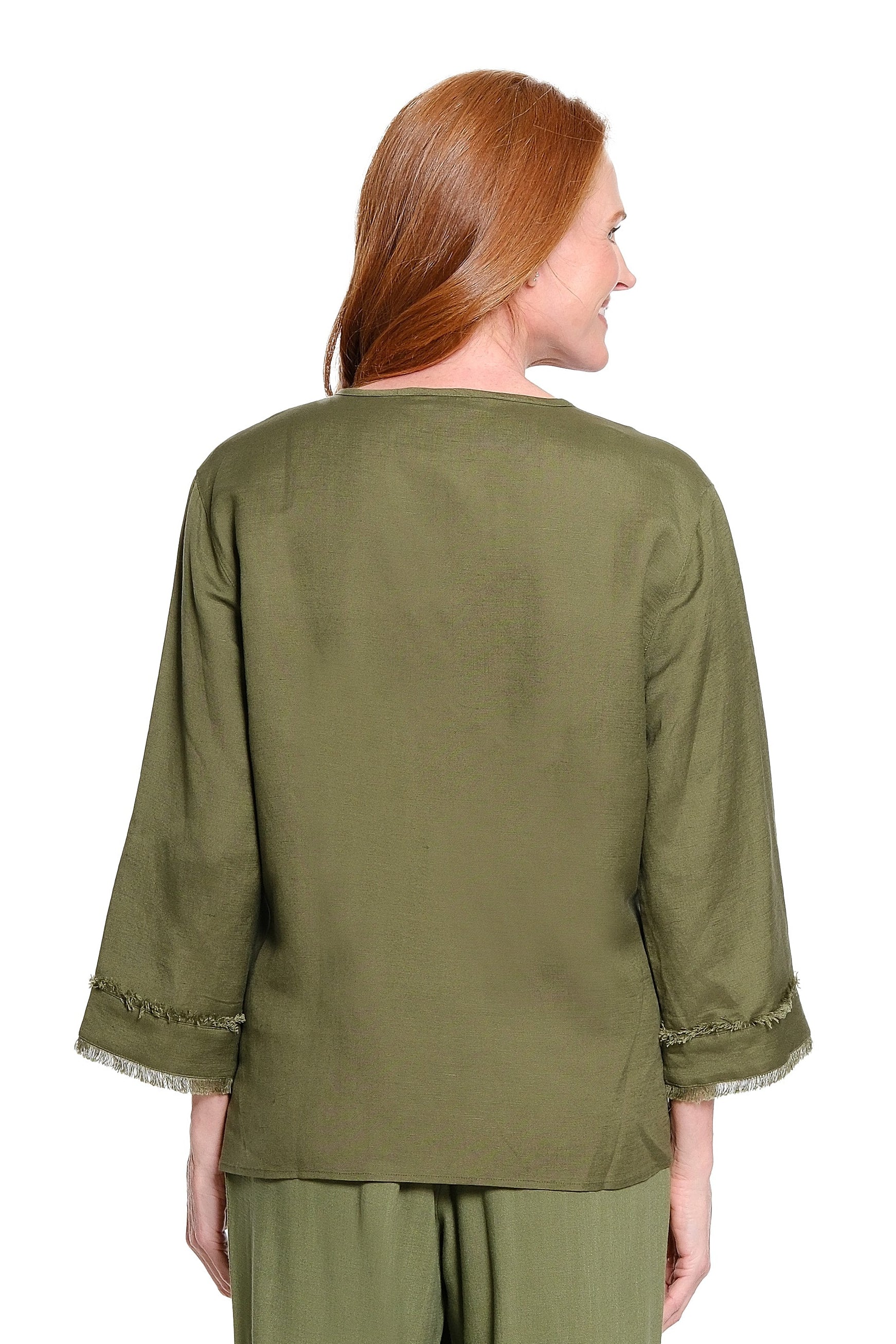 3/4 Sleeve Drop Shoulder Y-Neck 1-Button Pull On Woven Top - Olive - view 2
