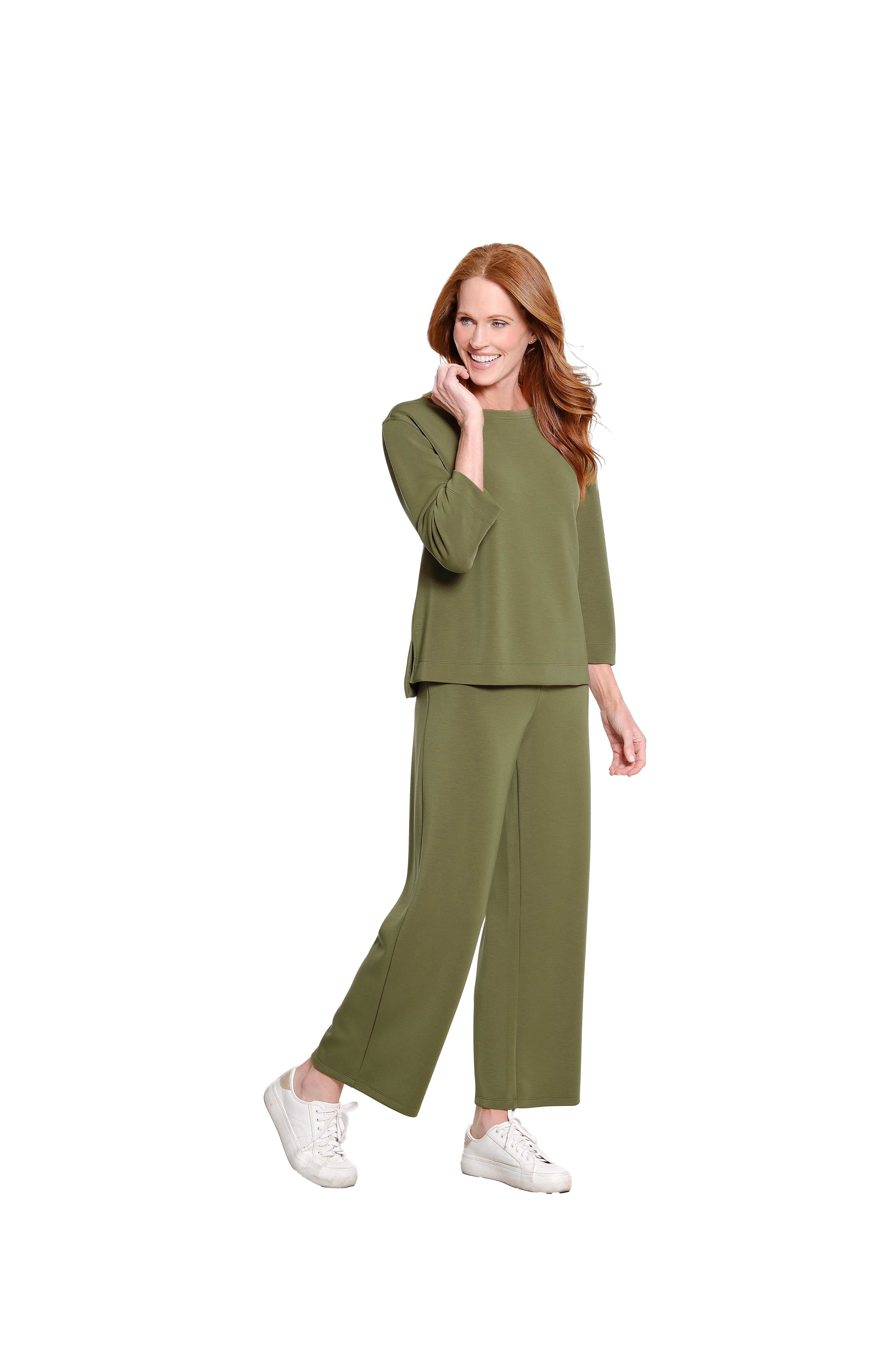 3/4 Sleeve Drop Shoulder Wide Neck Hi-Lo Knit Top - Olive