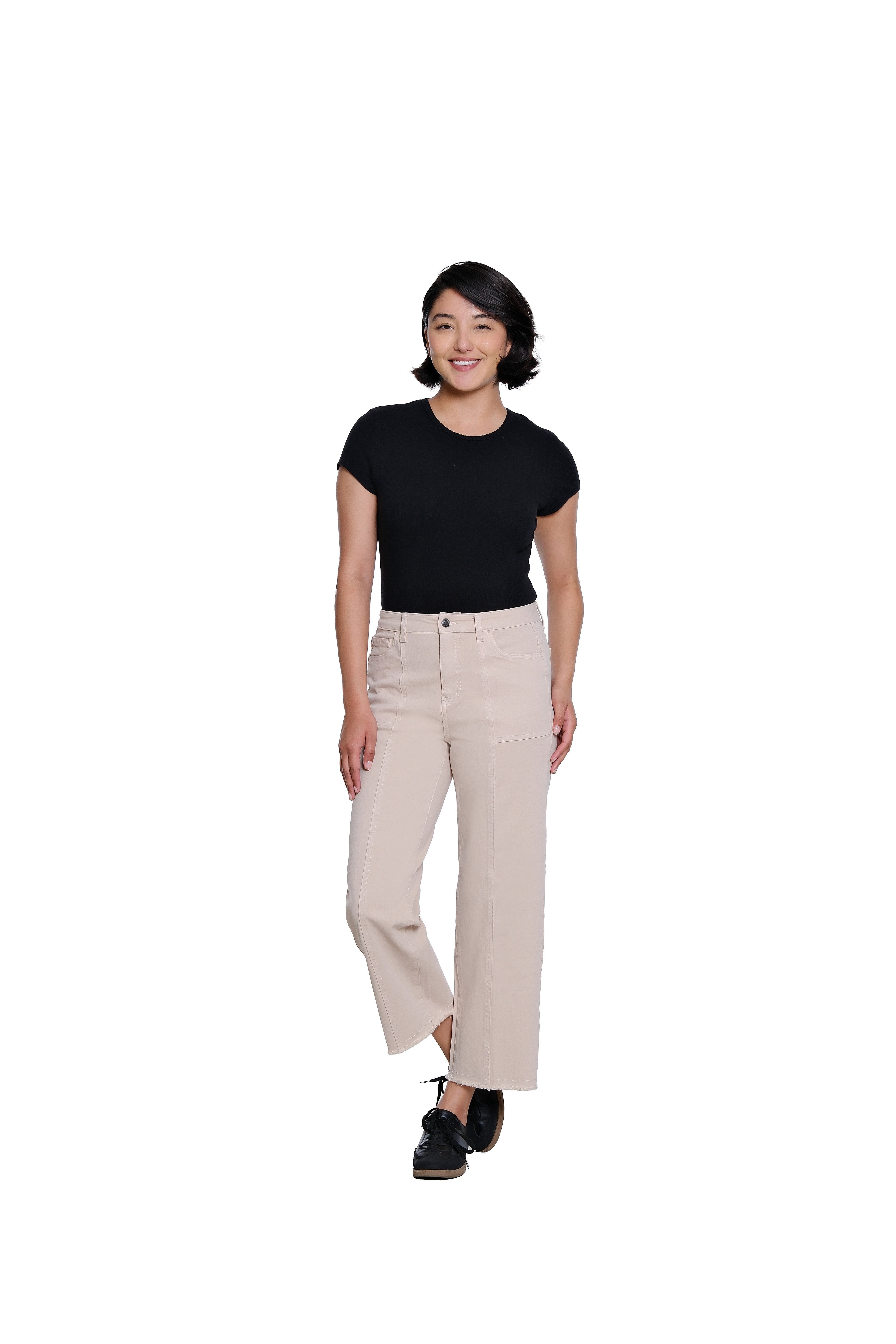 Zip/Button Front 5-Pocket Seamed Woven Crop Jean with Fringe Hem - Natural