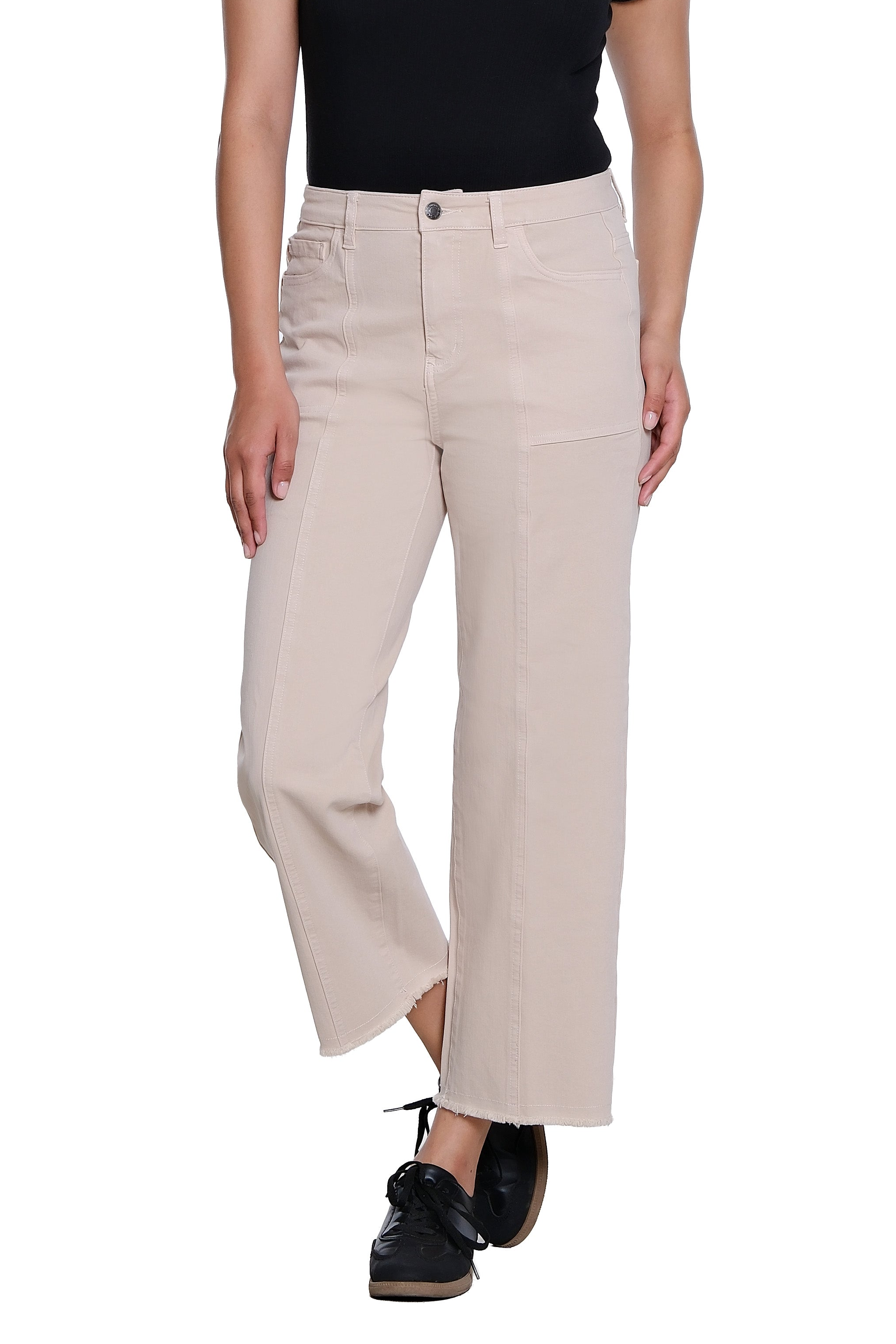 Zip/Button Front 5-Pocket Seamed Woven Crop Jean with Fringe Hem - Natural