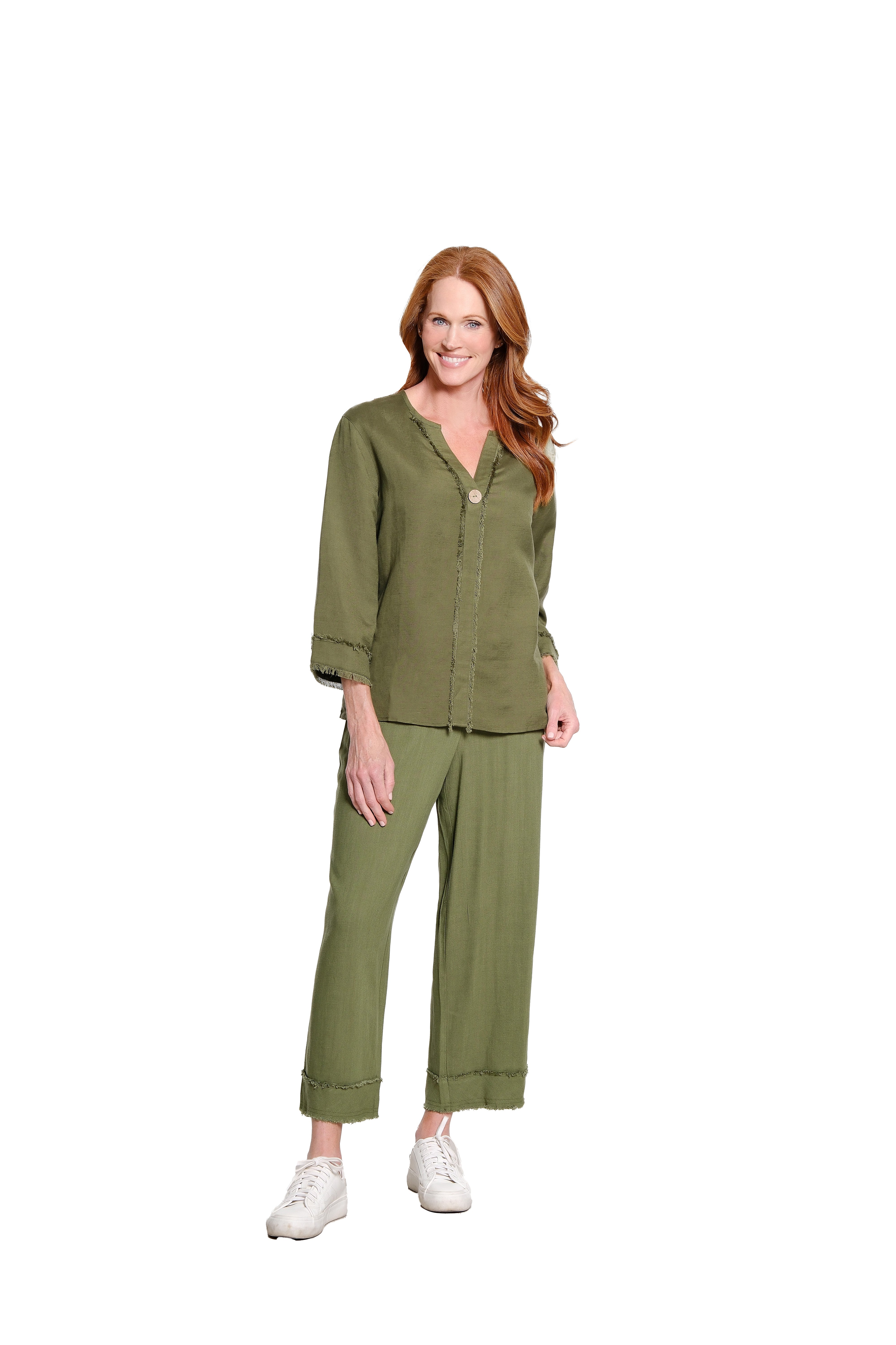 3/4 Sleeve Drop Shoulder Y-Neck 1-Button Pull On Woven Top - Olive