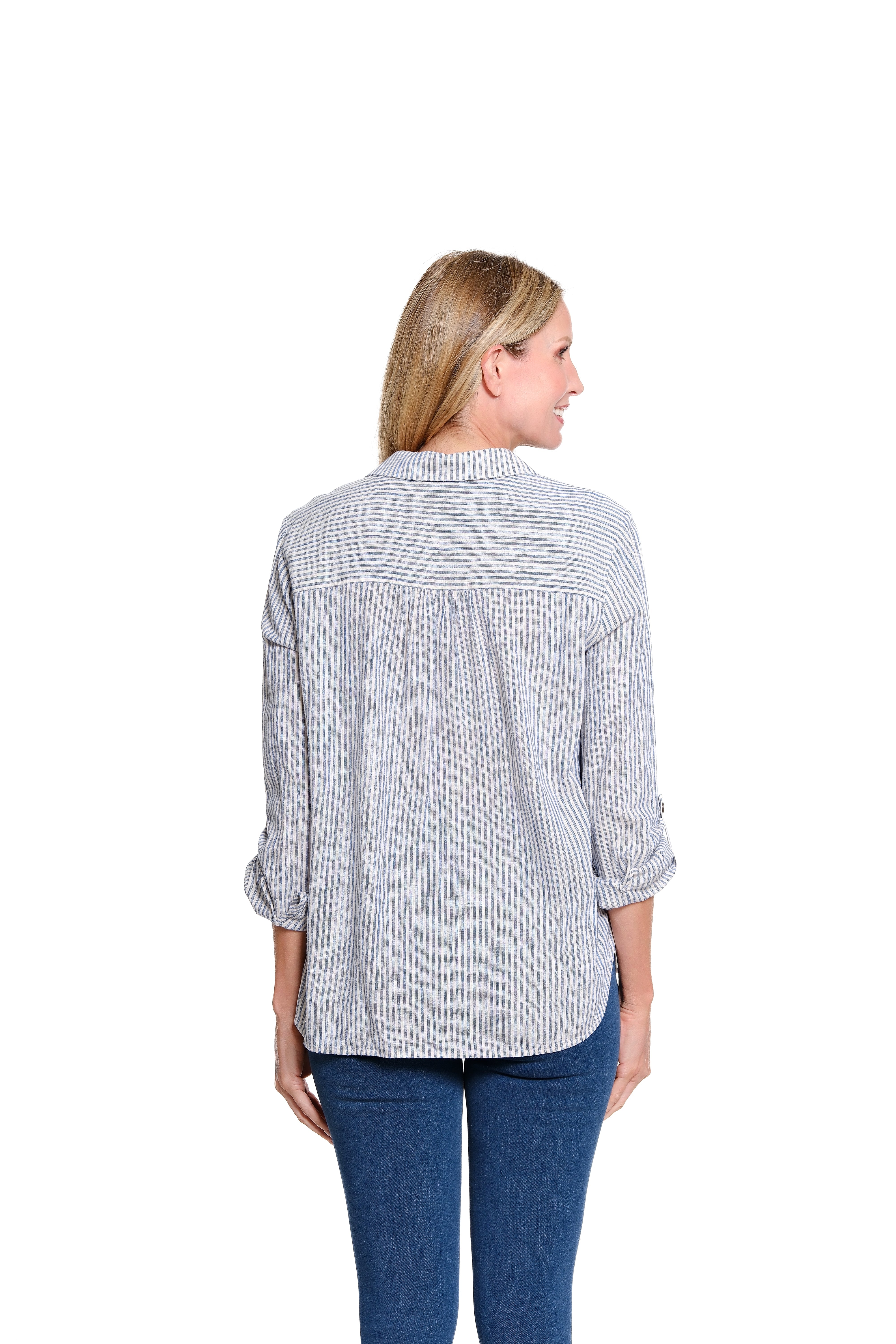 Roll-Tab Long Sleeve 2-Pocket Multi-Tuck Hi-Lo Woven Shirt - Medium Blue - view 2