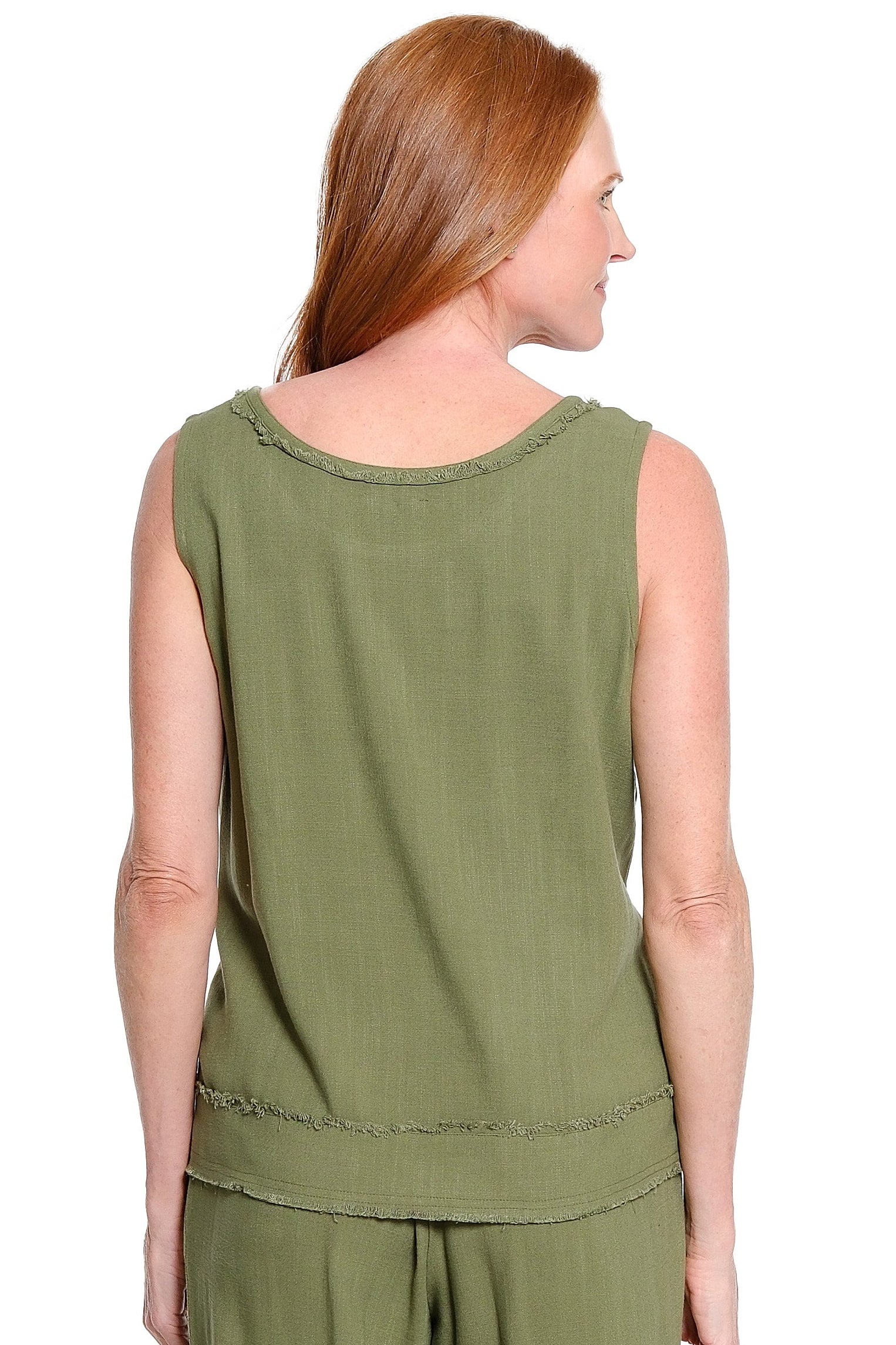 Woven Tank with Fringe Trim Bands - Olive - view 2