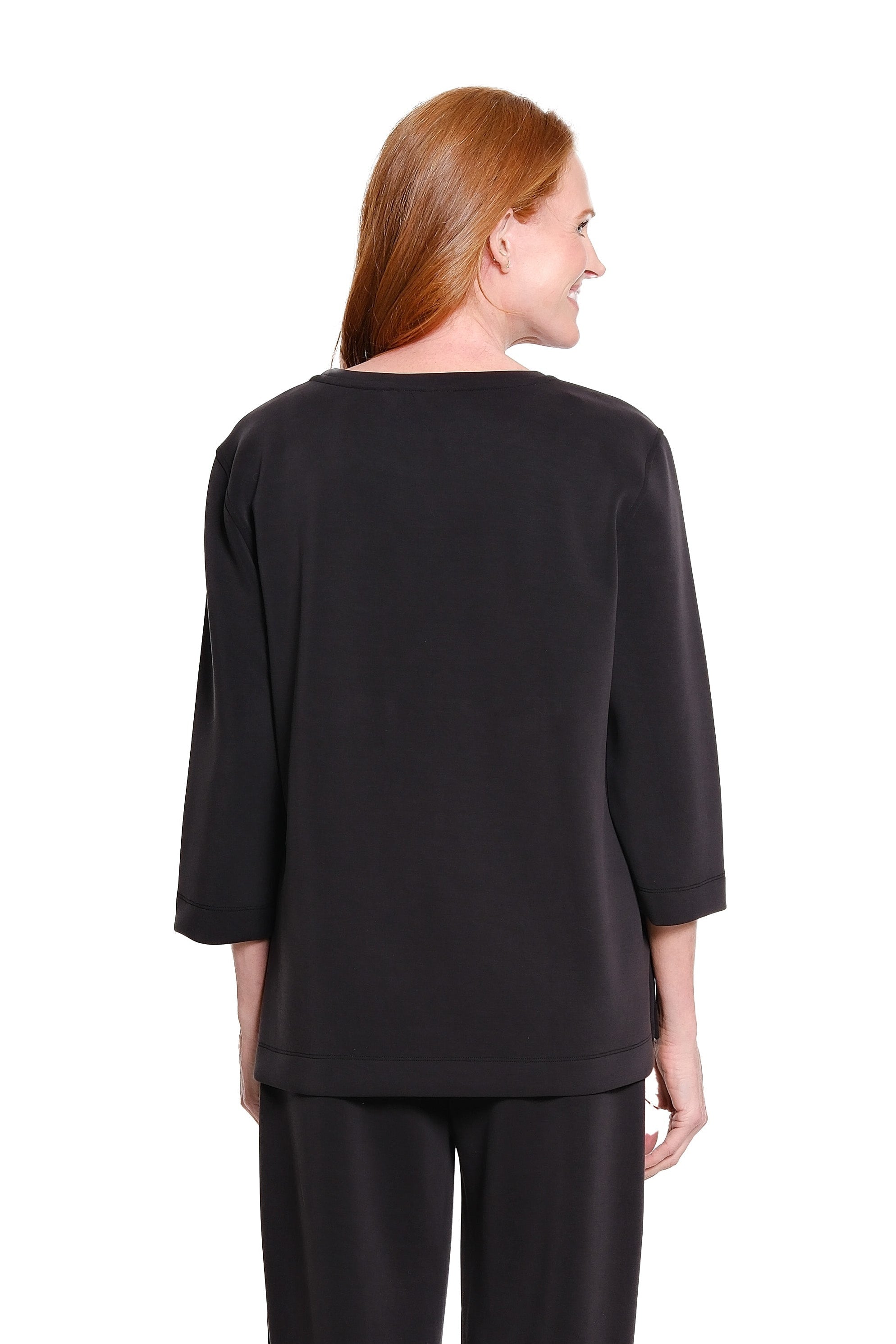 3/4 Sleeve Drop Shoulder Wide Neck Hi-Lo Knit Top - Black - view 2
