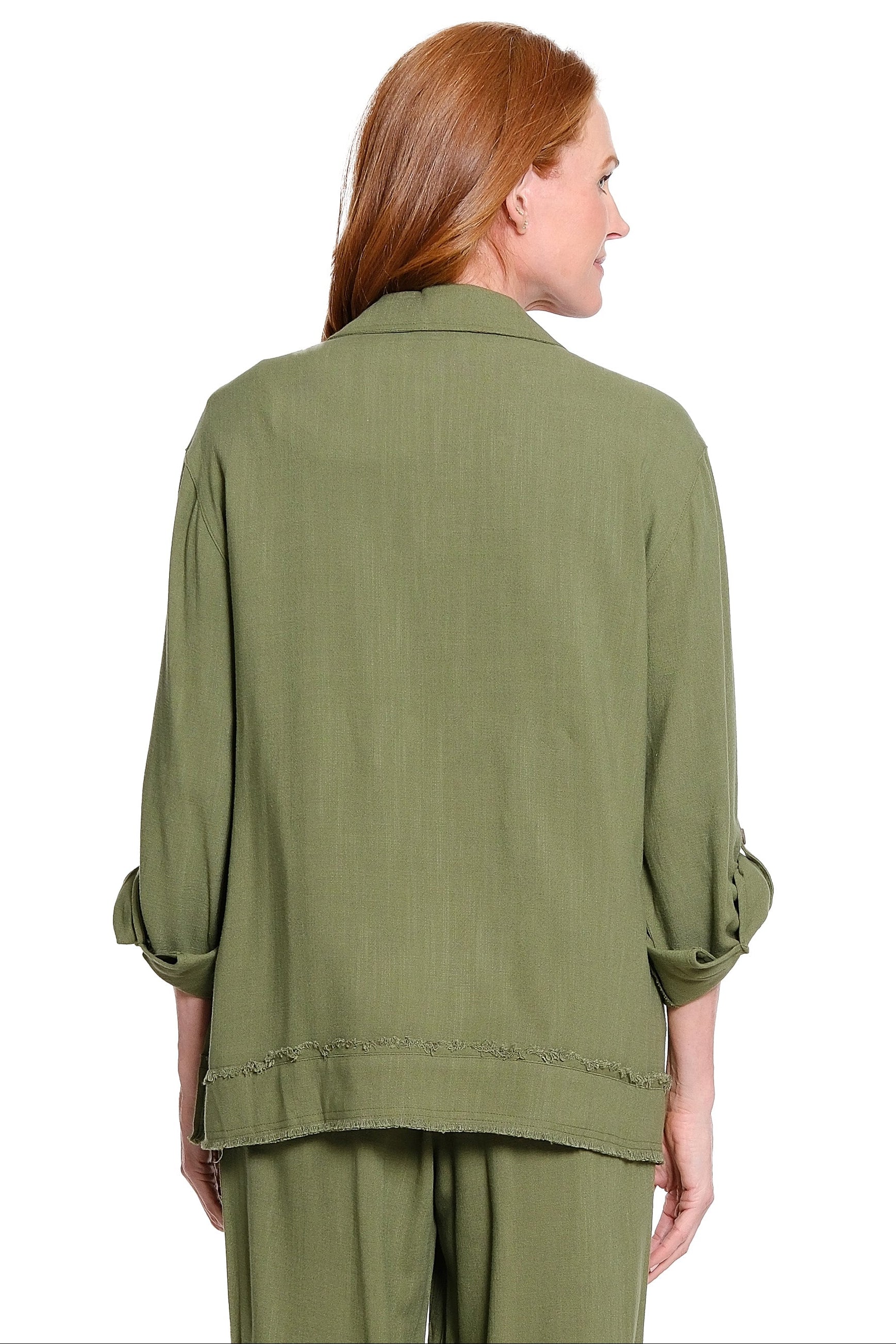 Roll Tab Cuffed Long Sleeve 1-Pocket Button Front Fringe Trim Woven Shirt - Olive - view 2