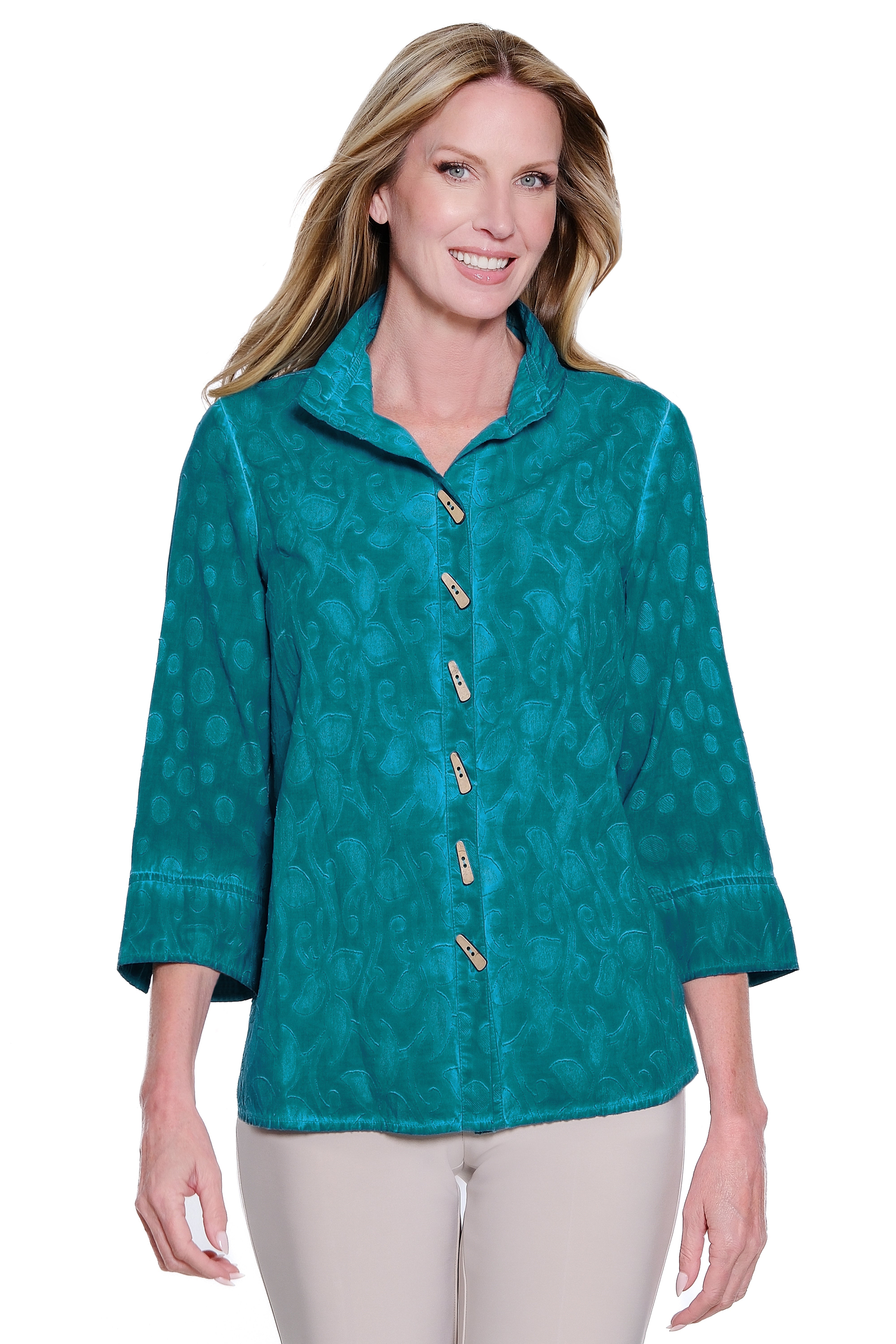 Jacquard Button Front Top - Peacock