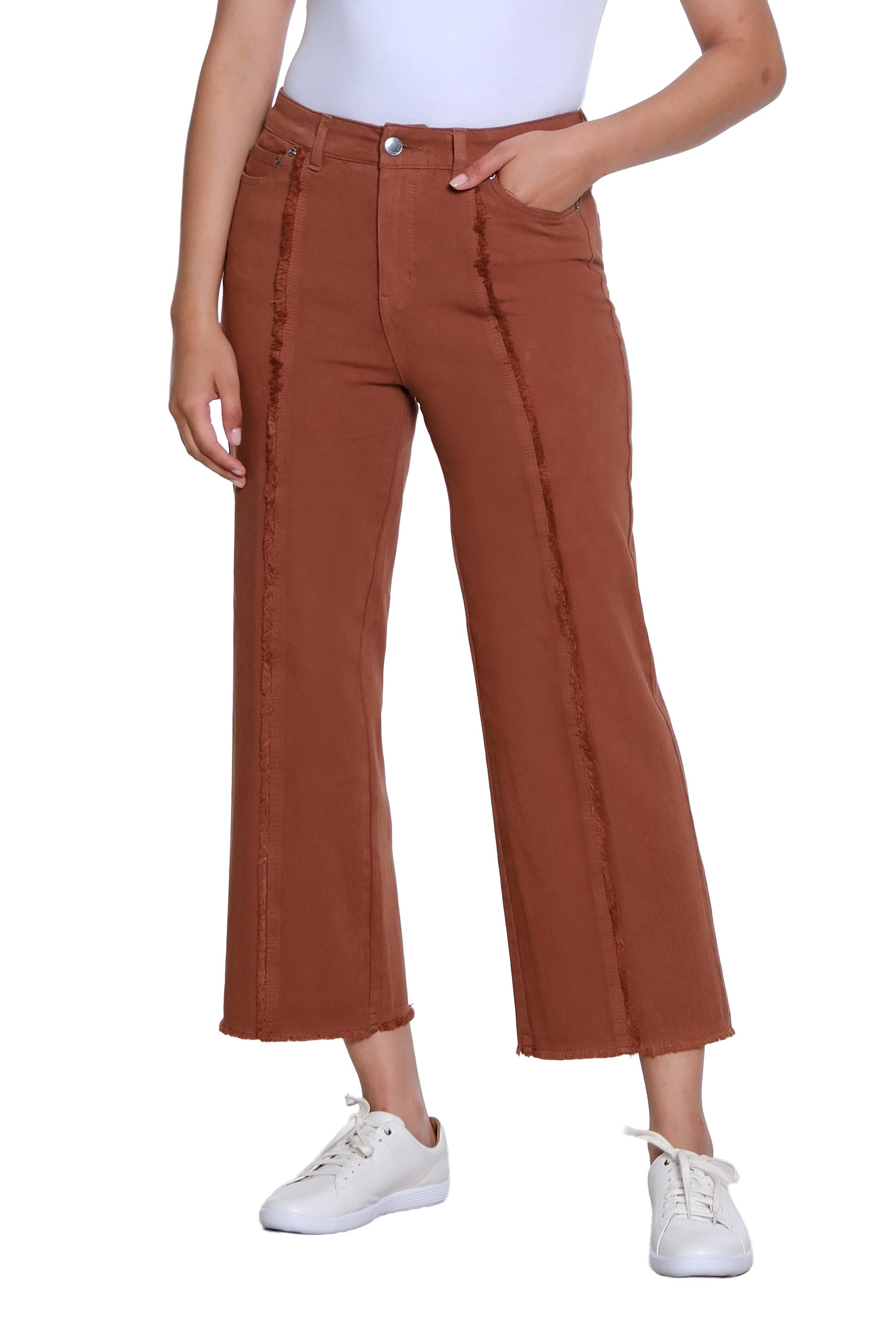 Zip/Button Front 5-Pocket Woven Crop Jean with Front Fringe Seam - Cocoa