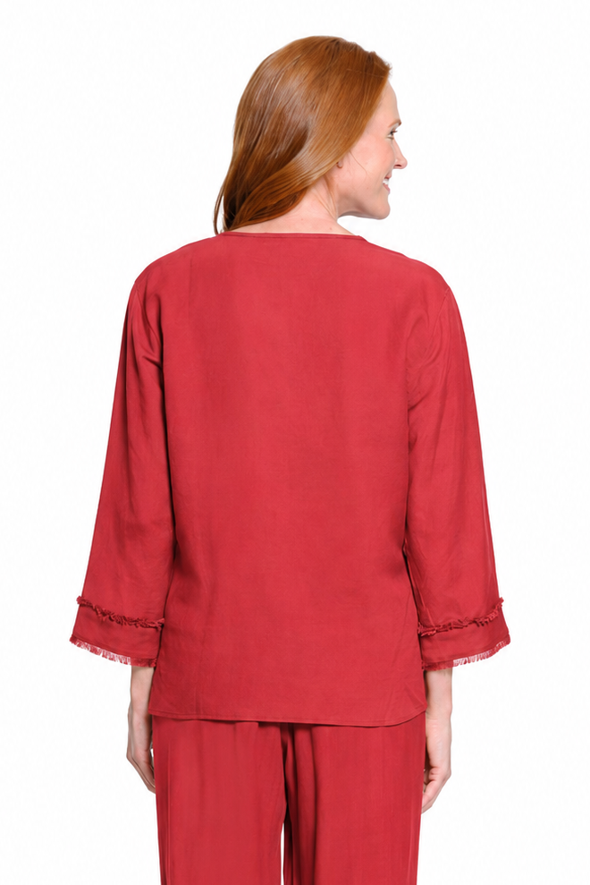 3/4 Sleeve Drop Shoulder Y-Neck 1-Button Pull On Woven Top - Brick