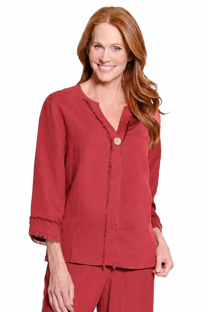 3/4 Sleeve Drop Shoulder Y-Neck 1-Button Pull On Woven Top - Brick