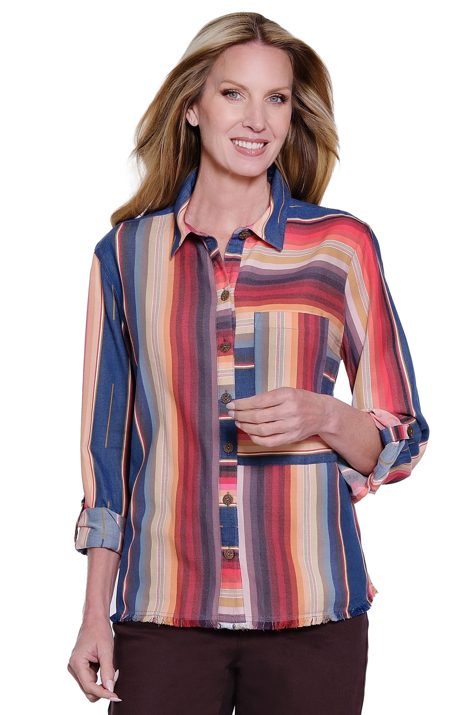 Y/D Stripe Roll Tab Long Sleeve Button Down Blouse with Patch Pocket - Stripe Multi