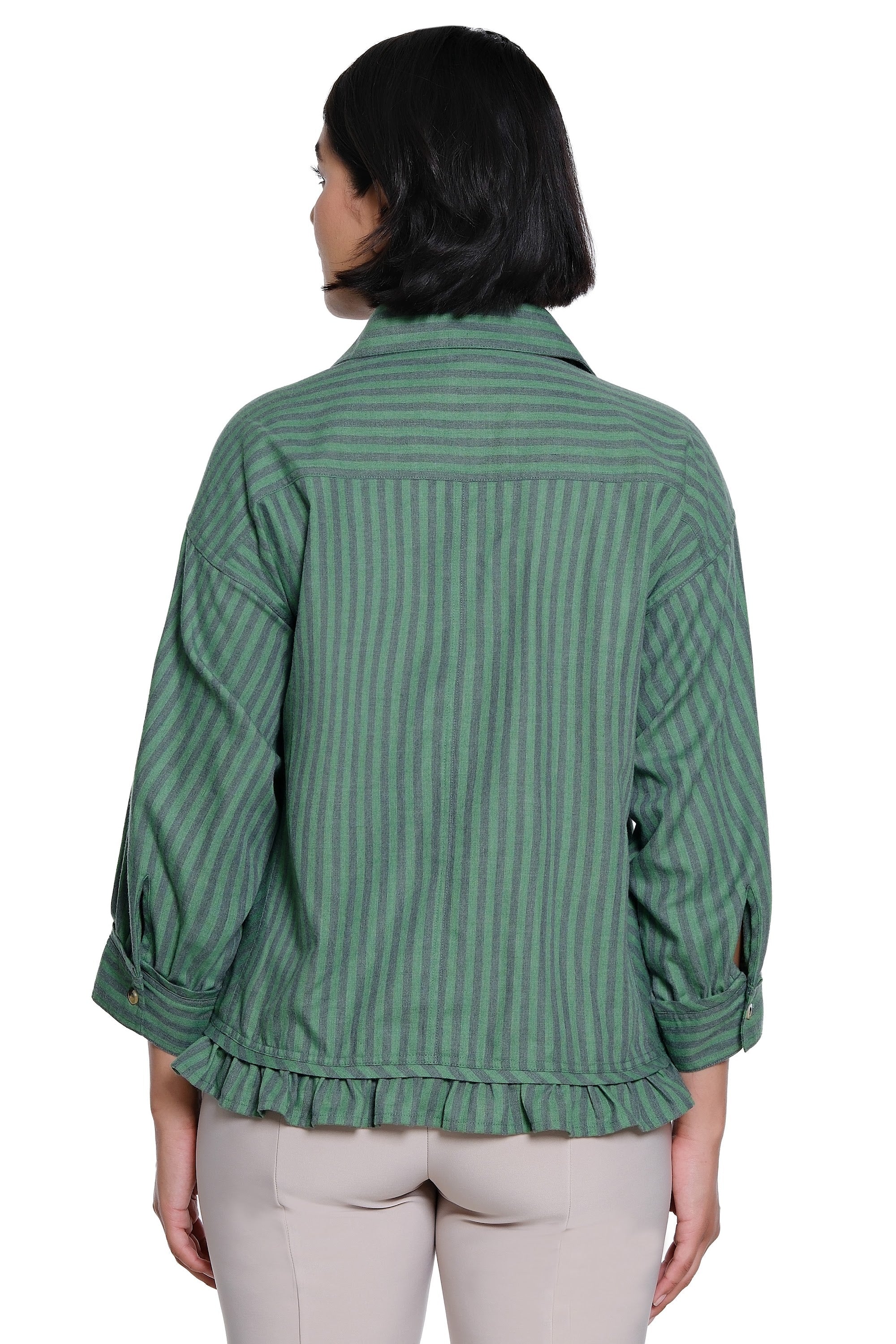 Y/D Woven Button Front Top with 3/4 Sleeves and Curved Ruffle Hem - Herb Stripe - view 2