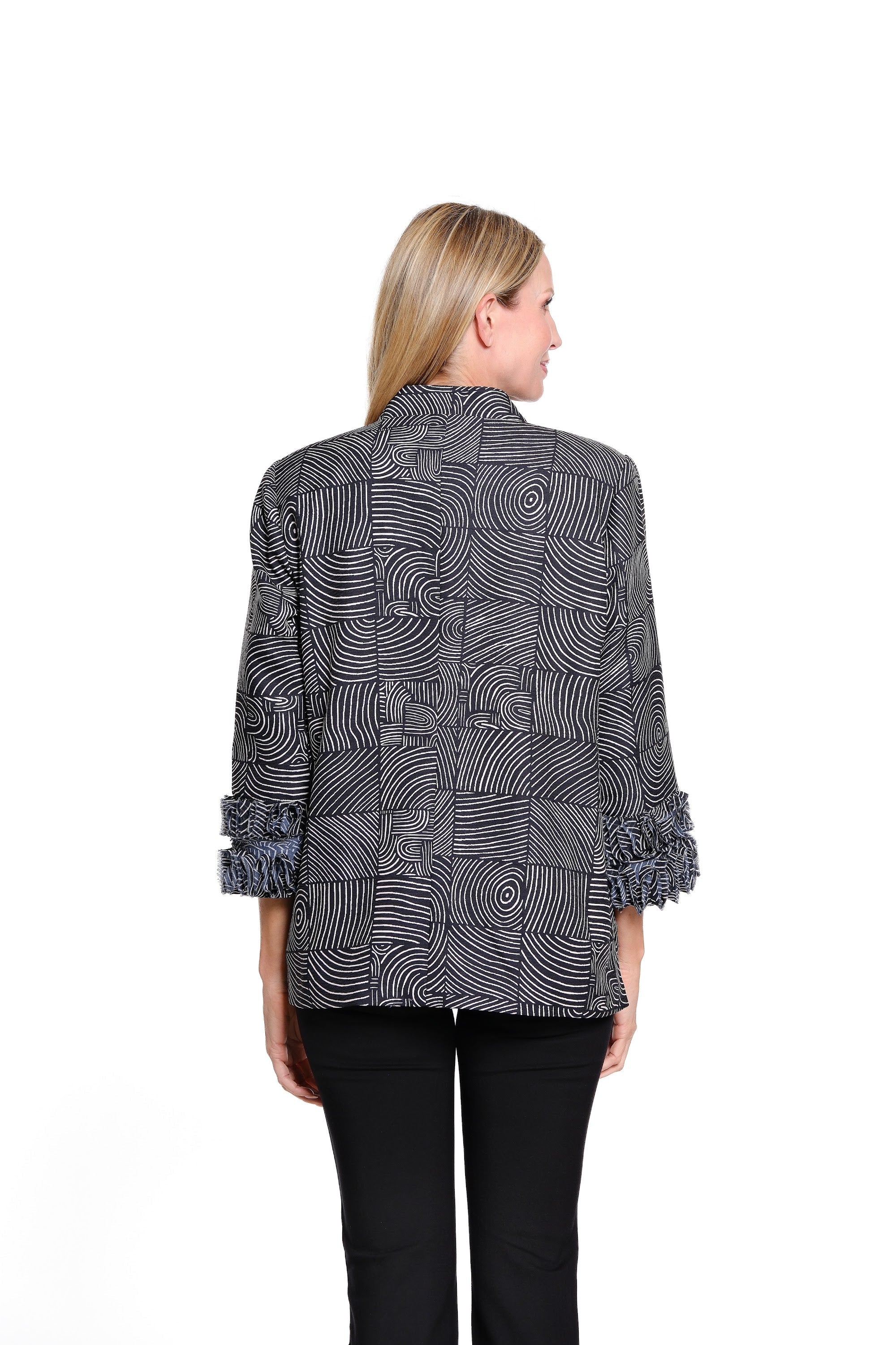 3/4 Sleeve Stand Collar Loop and Button Closure Lined Woven Jacket with Print Gauze Trim - Black Print - view 4