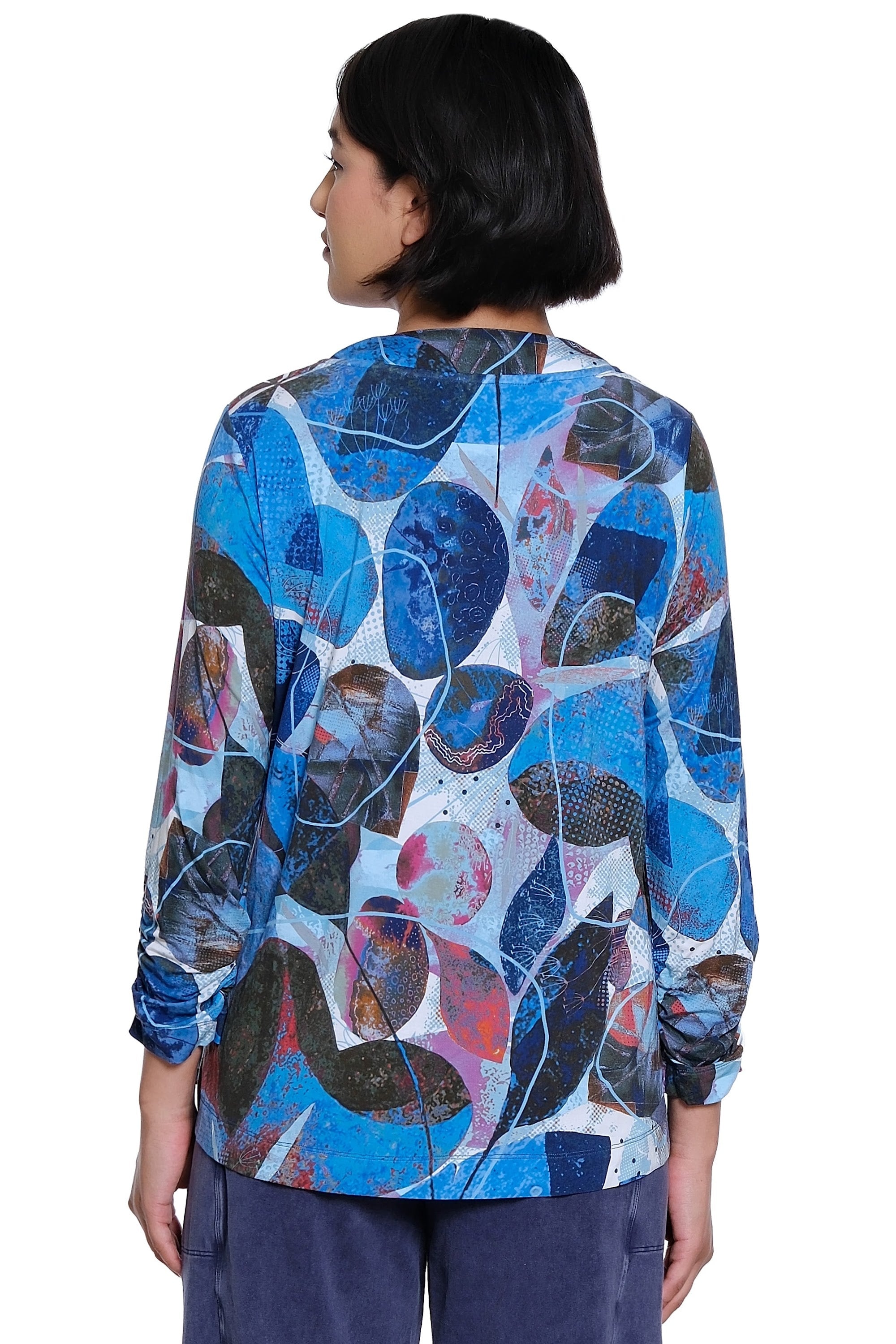 Printed Knit Popover with V-Neck Button Detail and 3/4 Sleeves - Blue Floral - view 2