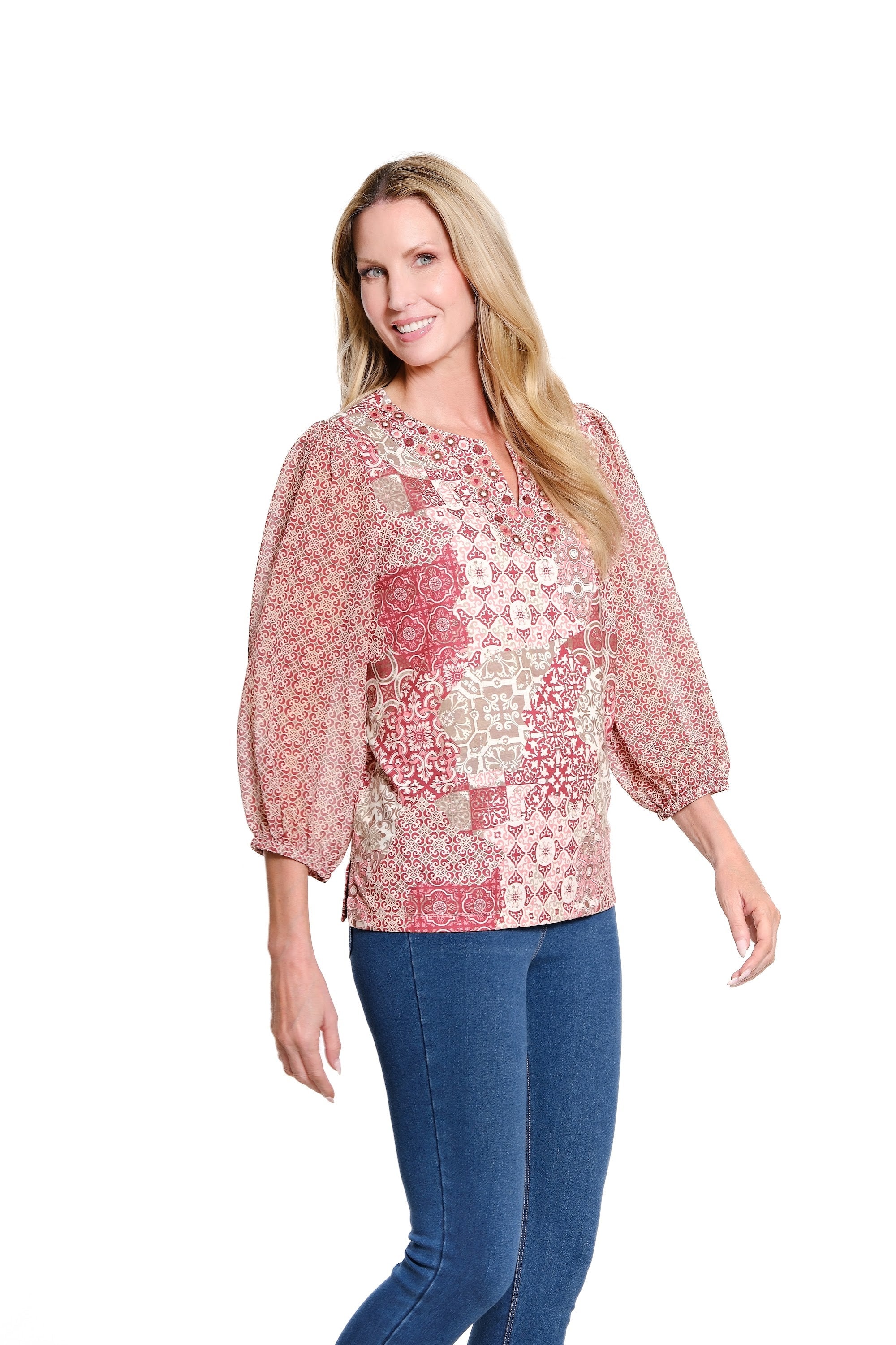 3/4 Sleeve Notch Neck Print Slub Knit and Gauze Top with Embroidery - Multi - view 2