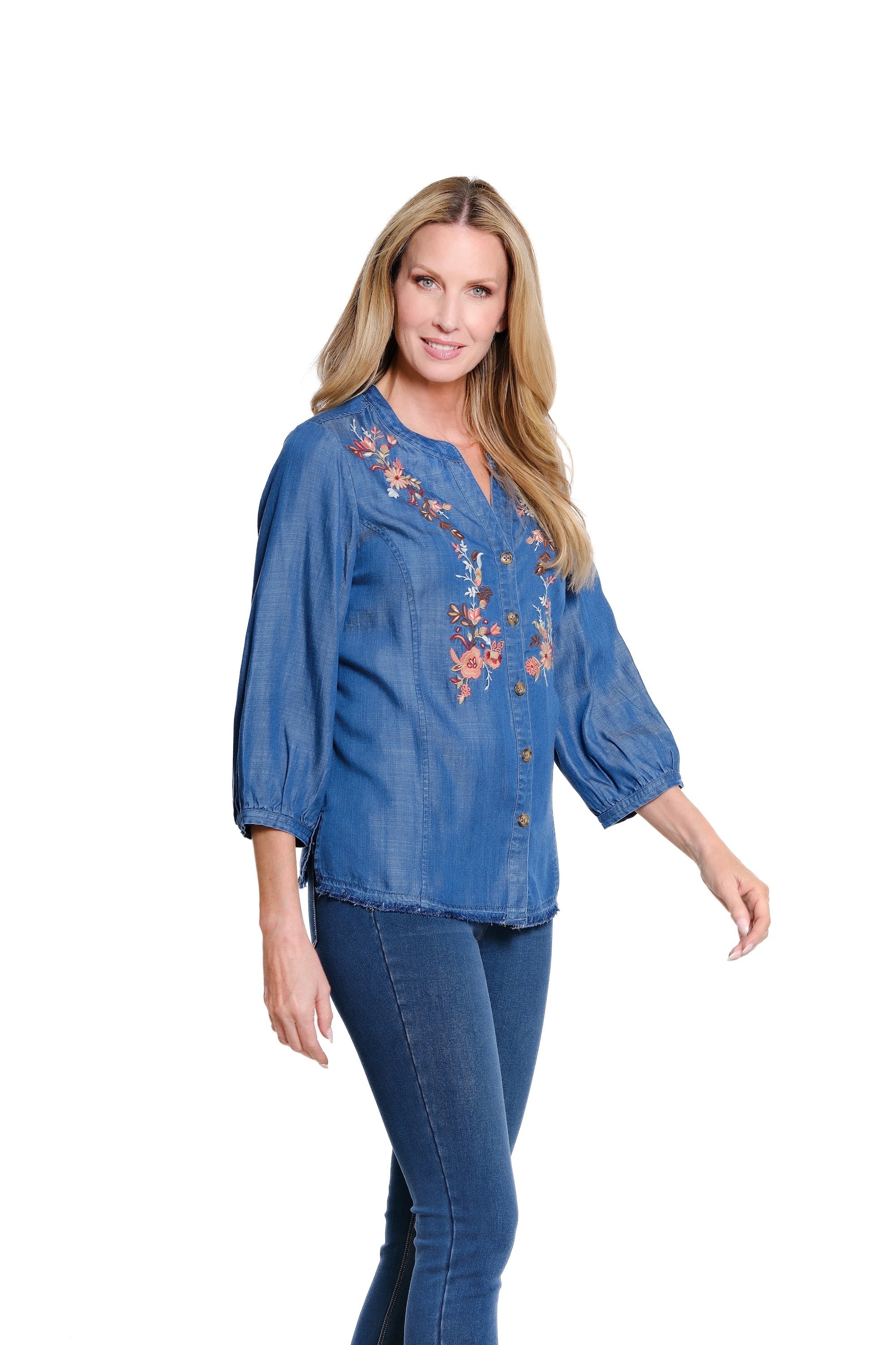 3/4 Sleeve Band Collar Button Front Denim Shirt with Embroidery and Fringe Hem - Multi - view 2