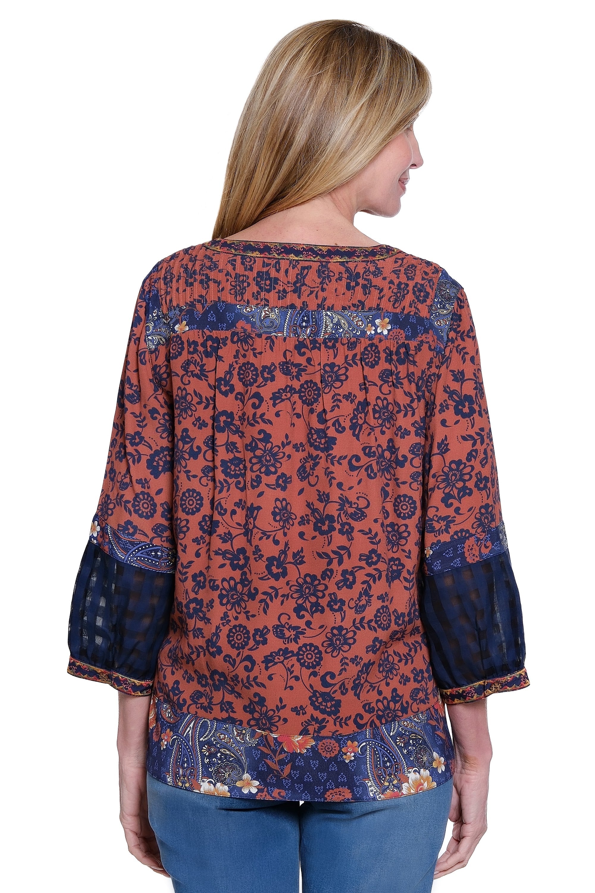 Embroidered Peasant Tunic with Mix Prints and 3/4 Sleeves - Multi - view 2