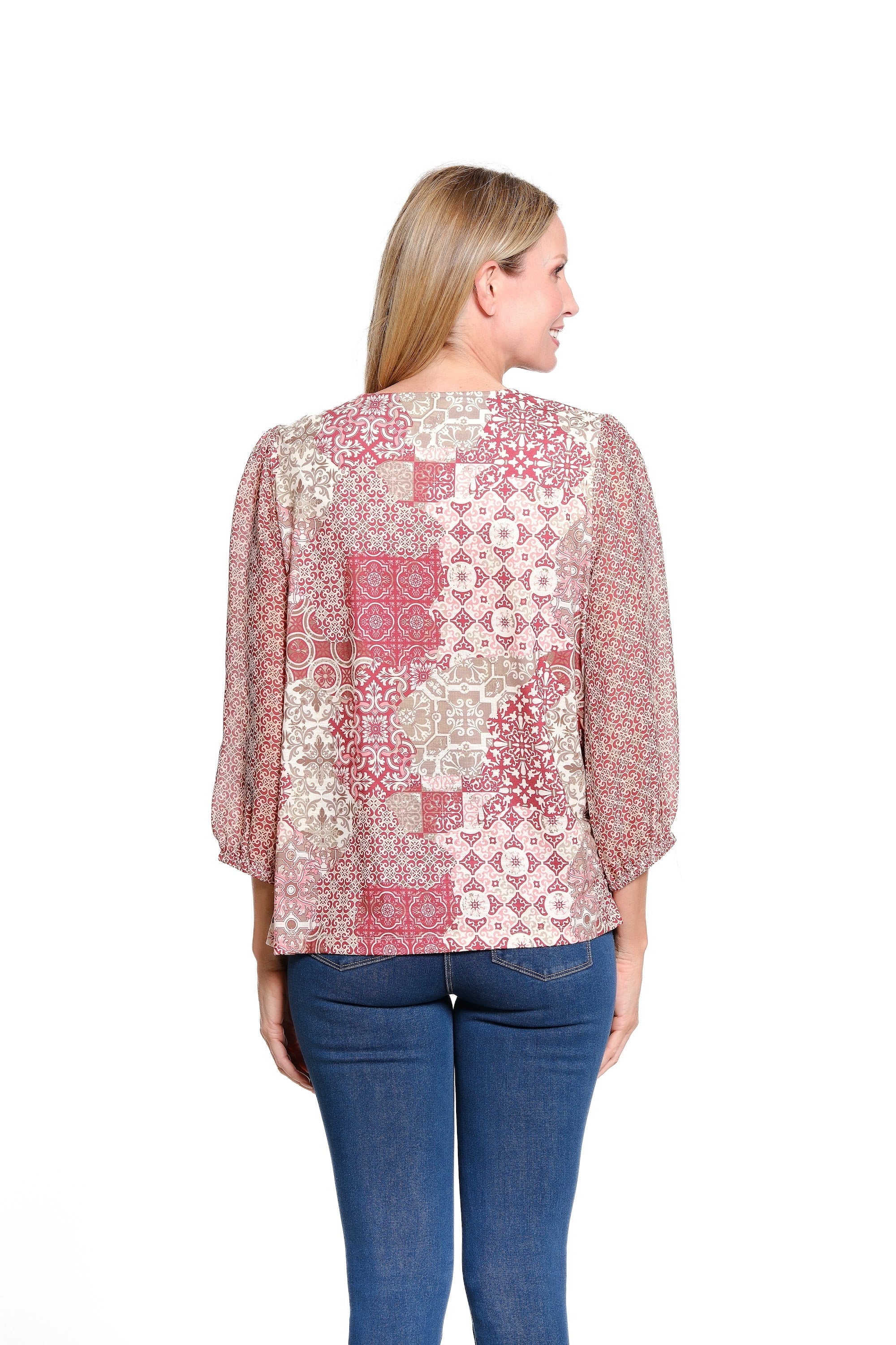 3/4 Sleeve Notch Neck Print Slub Knit and Gauze Top with Embroidery - Multi - view 3