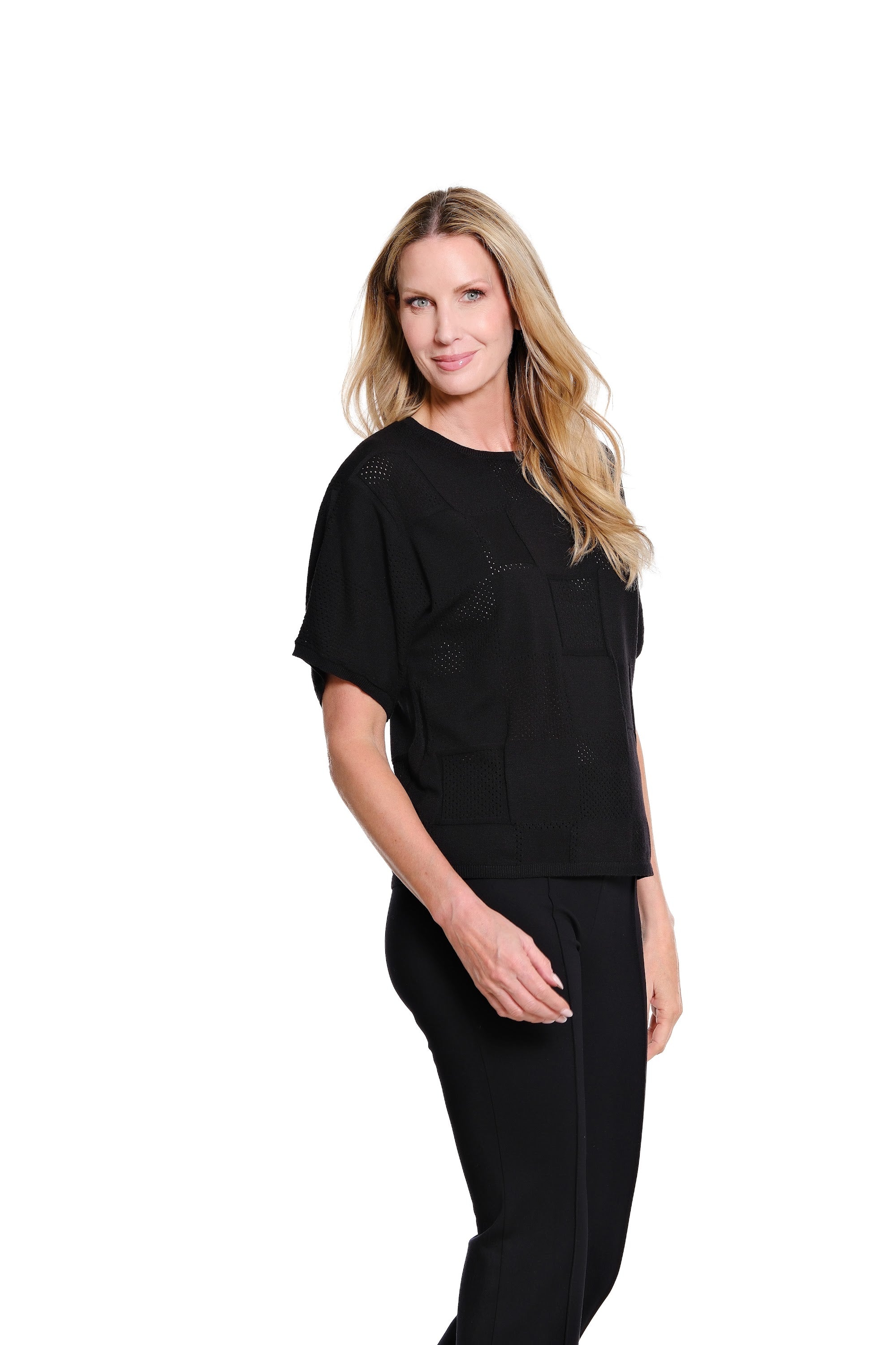 Dolman Short Sleeve Banded Neck Solid Pattern Sweater Pullover Top - Black - view 3