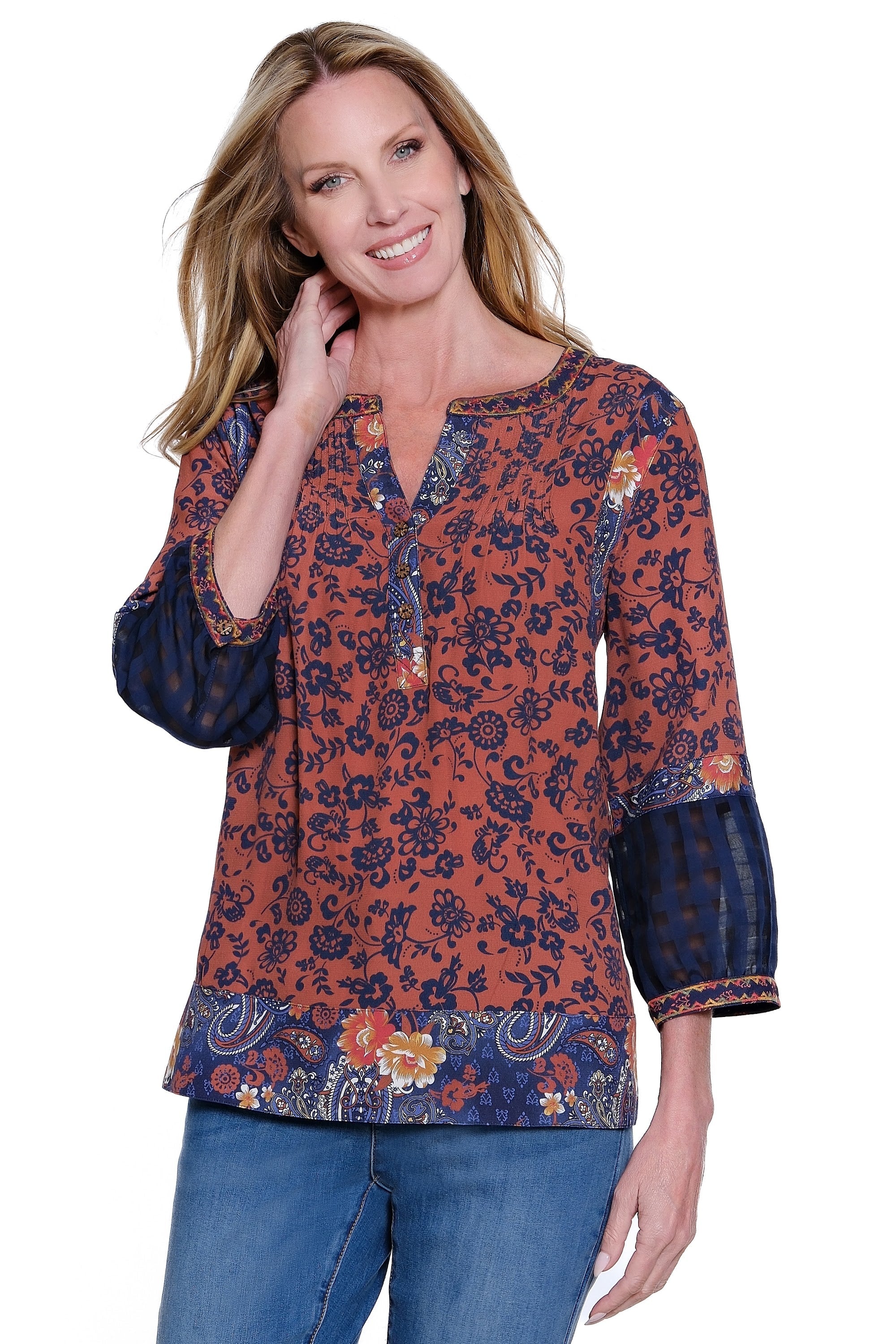 Embroidered Peasant Tunic with Mix Prints and 3/4 Sleeves - Multi